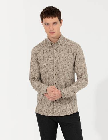 Bej Slim Fit Uzun Kollu Gömlek