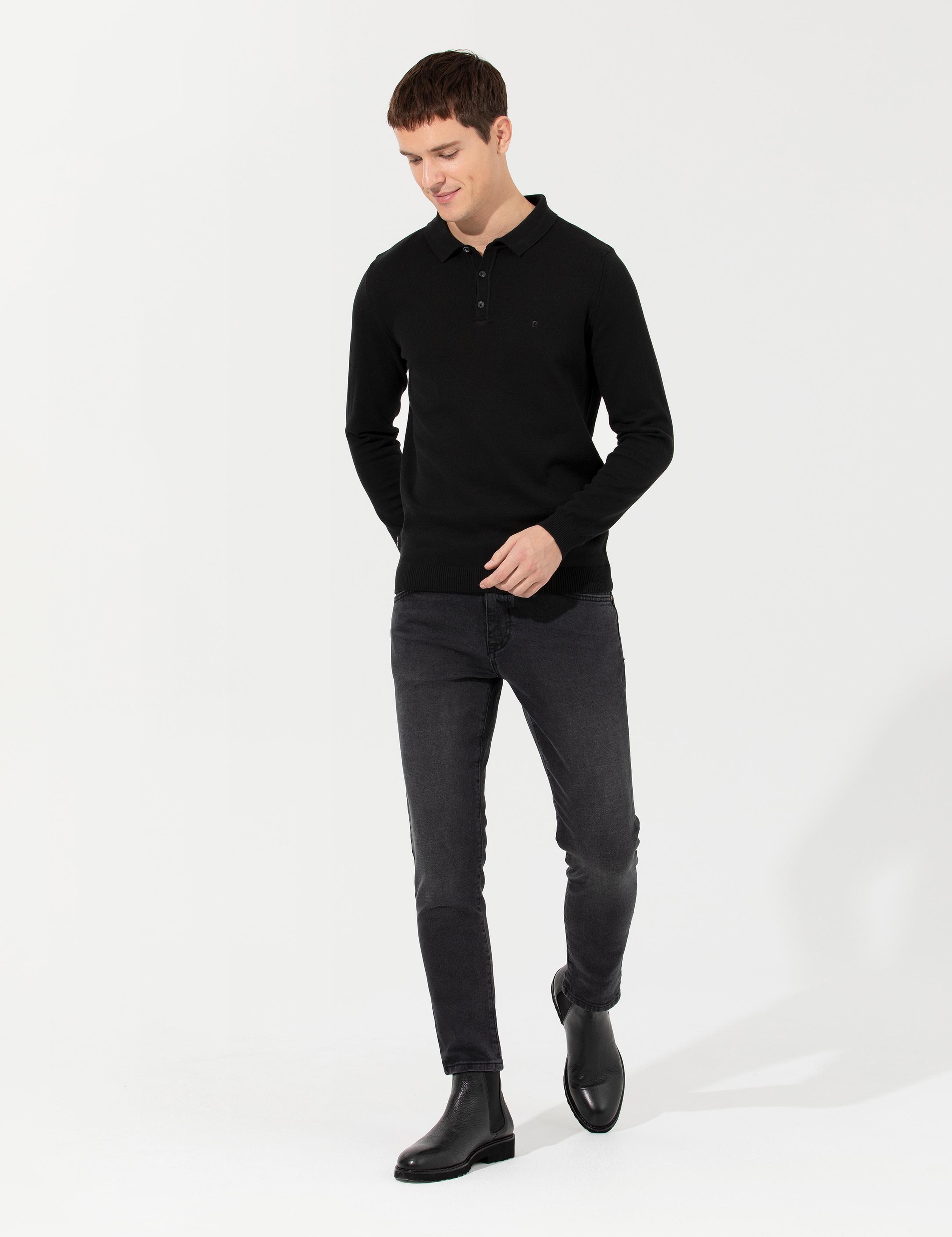 Siyah Slim Fit Polo Yaka Basic Triko Kazak