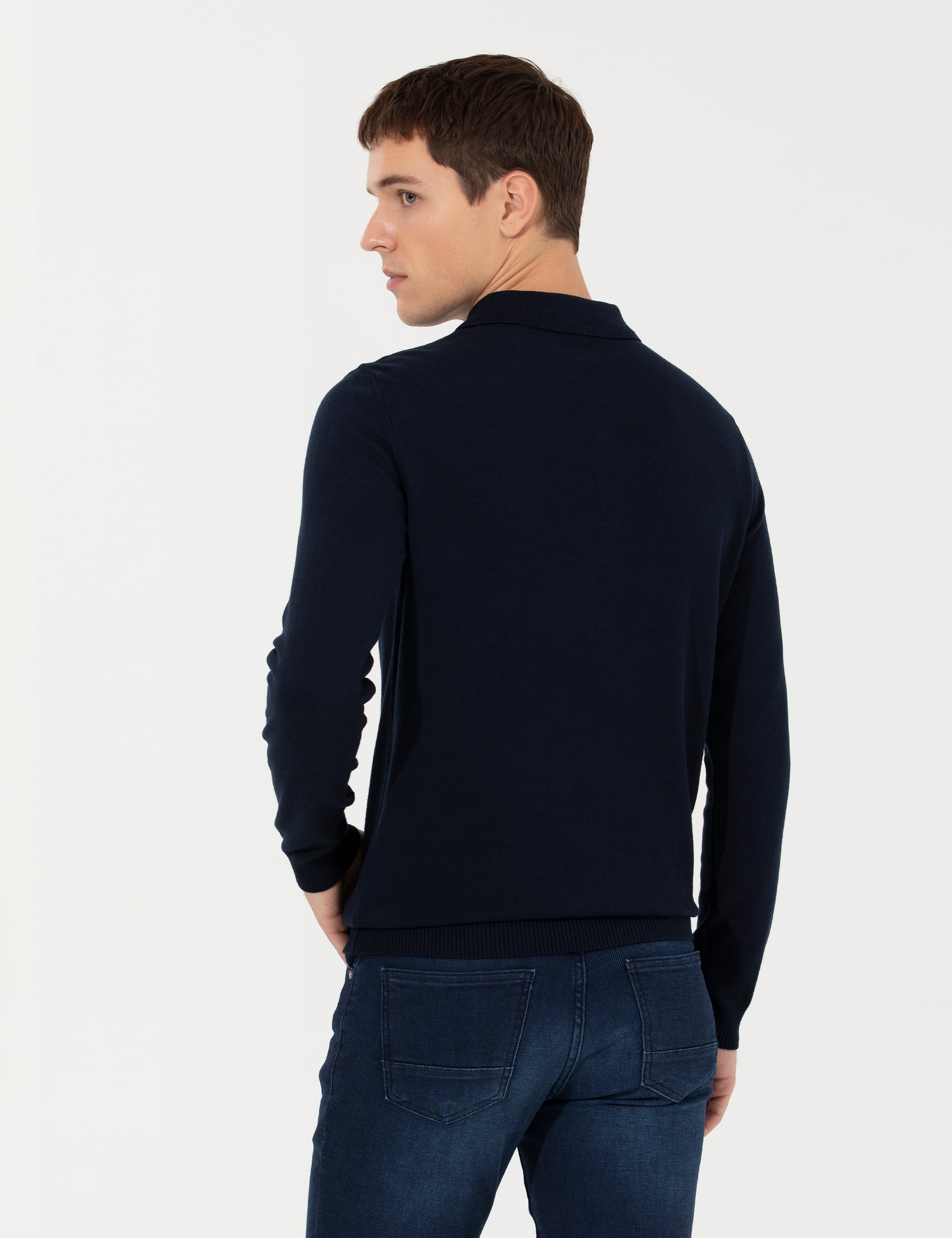 Lacivert Slim Fit Polo Yaka Basic Triko Kazak