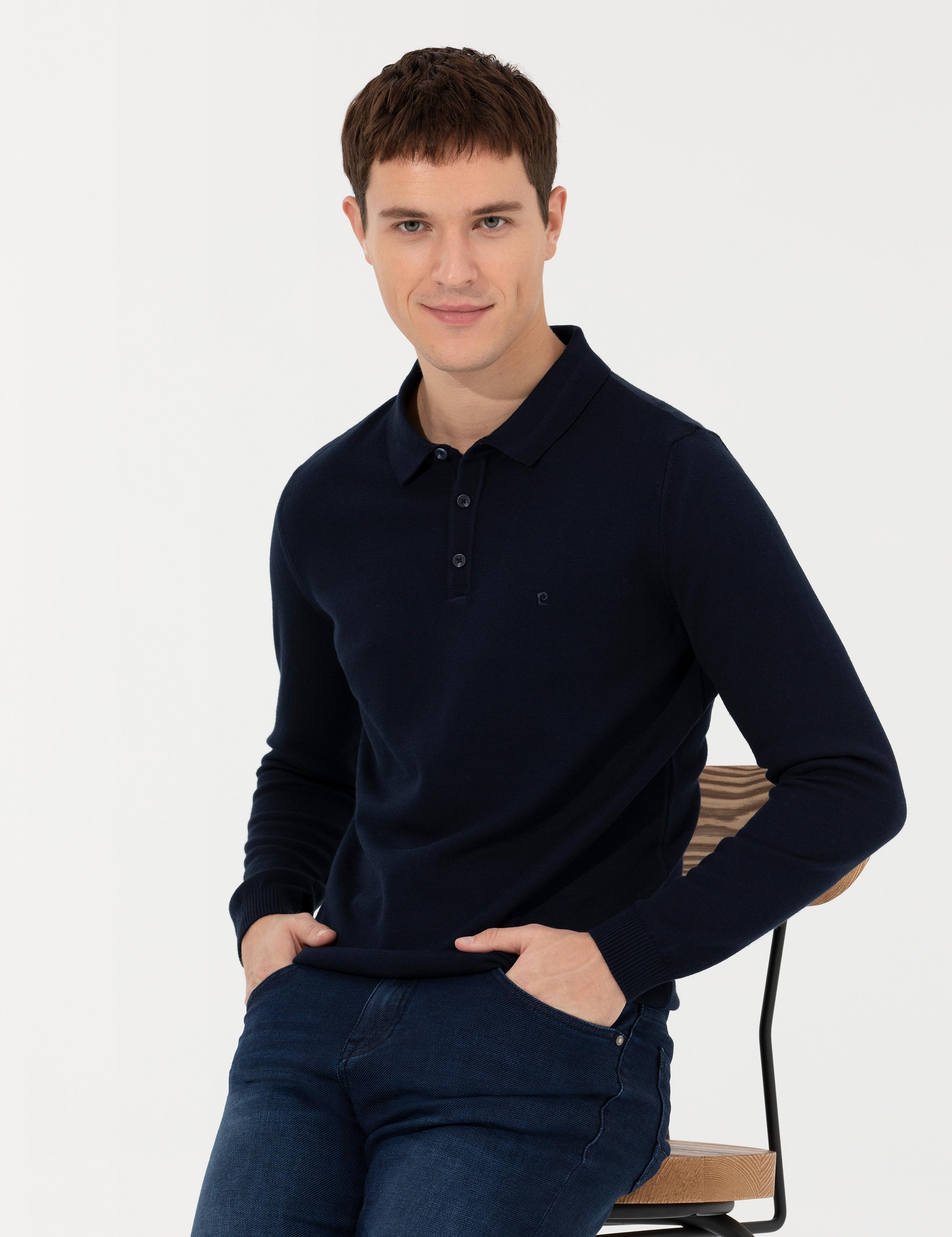 Lacivert Slim Fit Polo Yaka Basic Triko Kazak