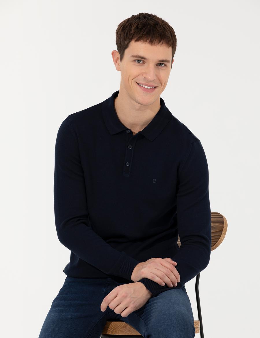 Lacivert Slim Fit Polo Yaka Basic Triko Kazak