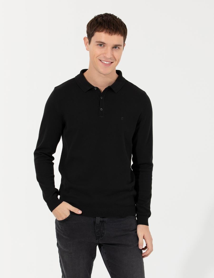 Siyah Slim Fit Polo Yaka Basic Triko Kazak