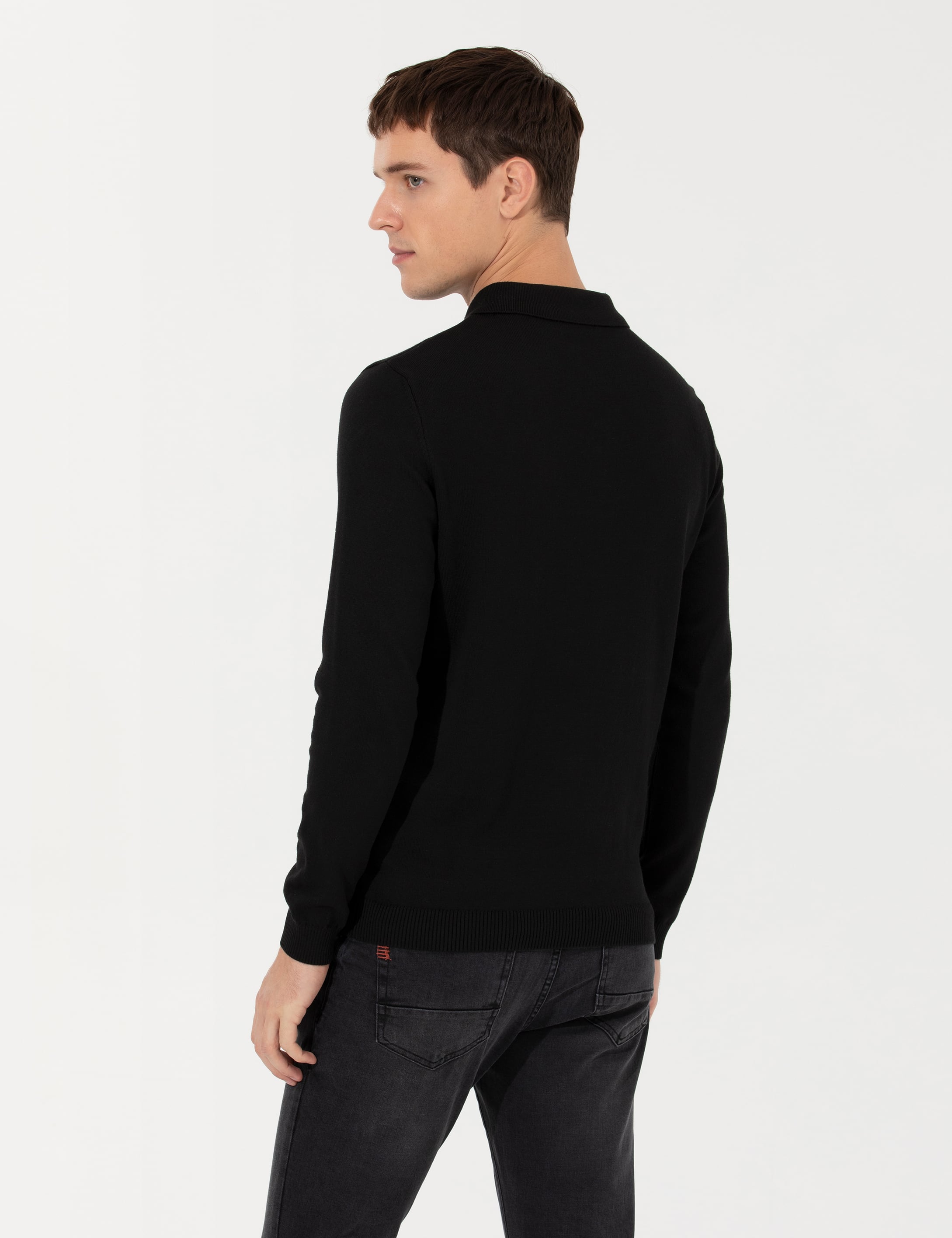 Siyah Slim Fit Polo Yaka Basic Triko Kazak