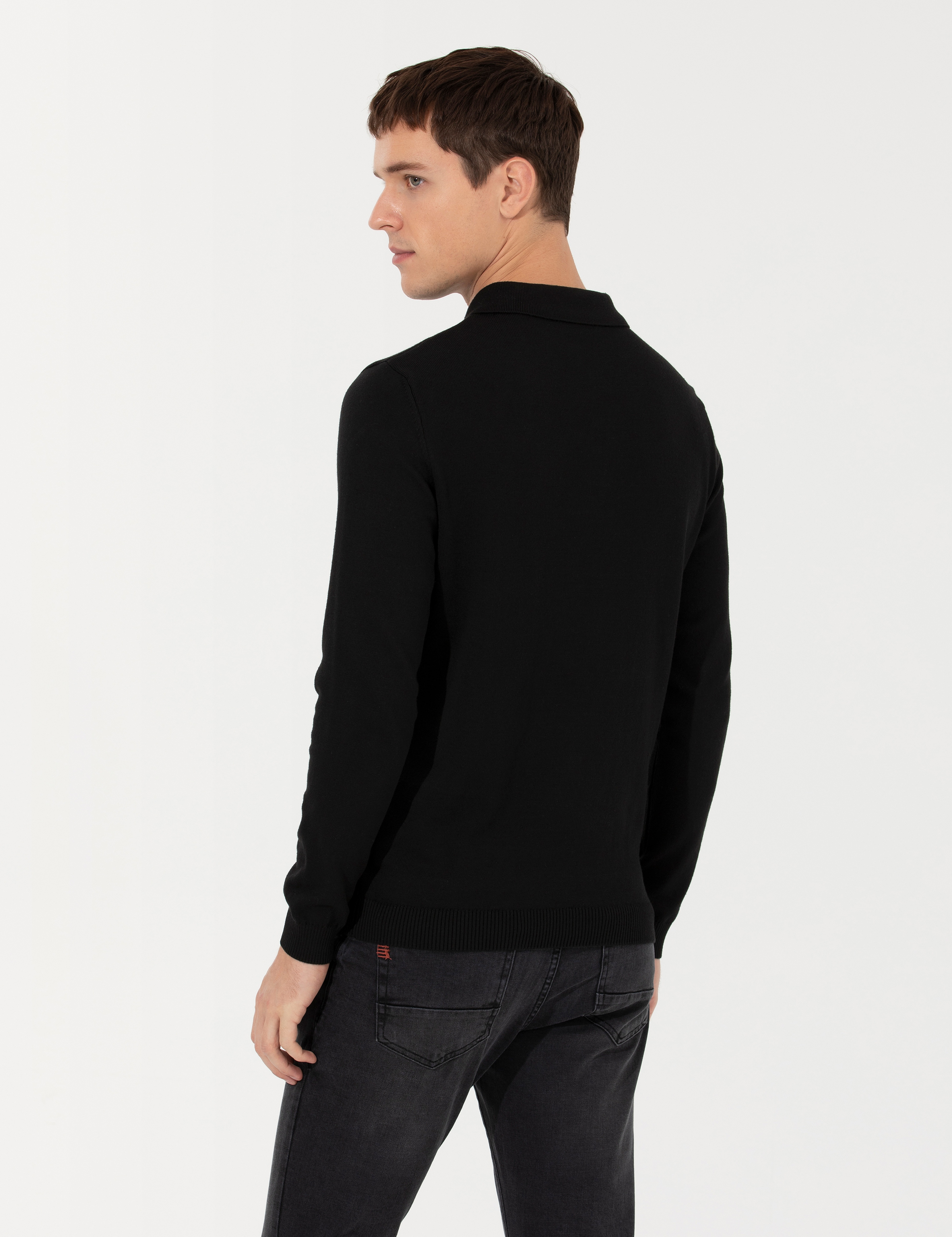 Siyah Slim Fit Polo Yaka Basic Triko Kazak - Image 5