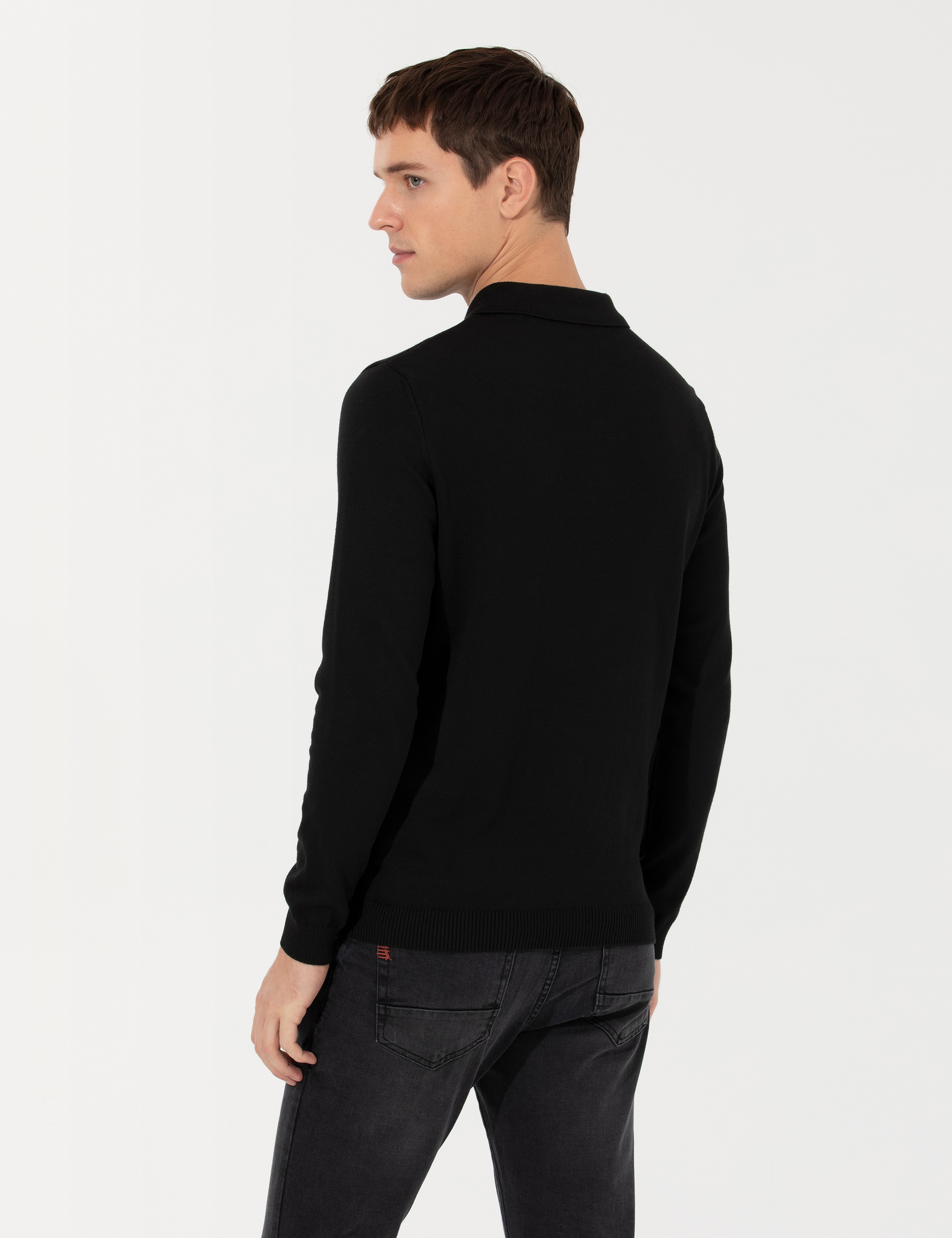 Siyah Slim Fit Polo Yaka Basic Triko Kazak