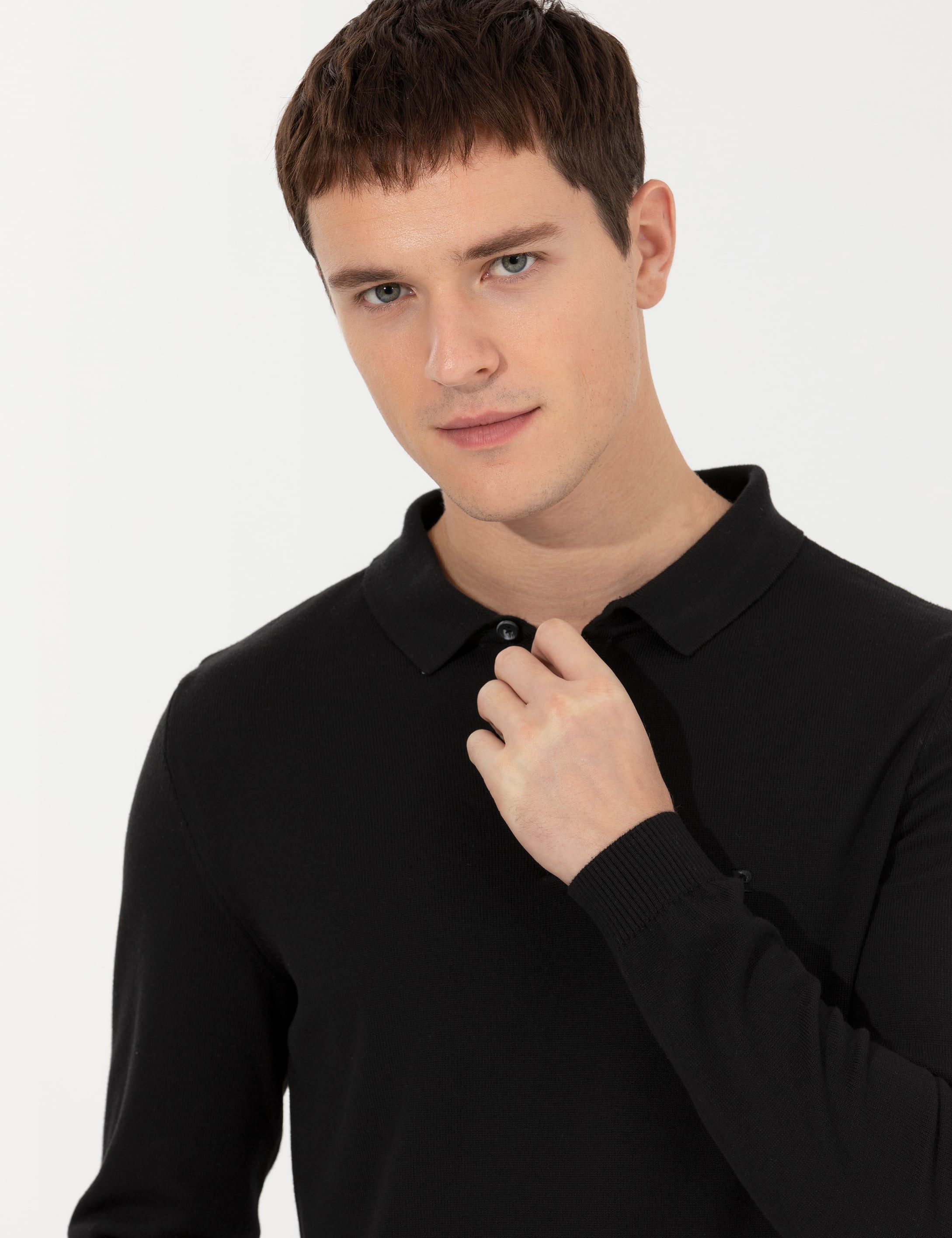 Siyah Slim Fit Polo Yaka Basic Triko Kazak