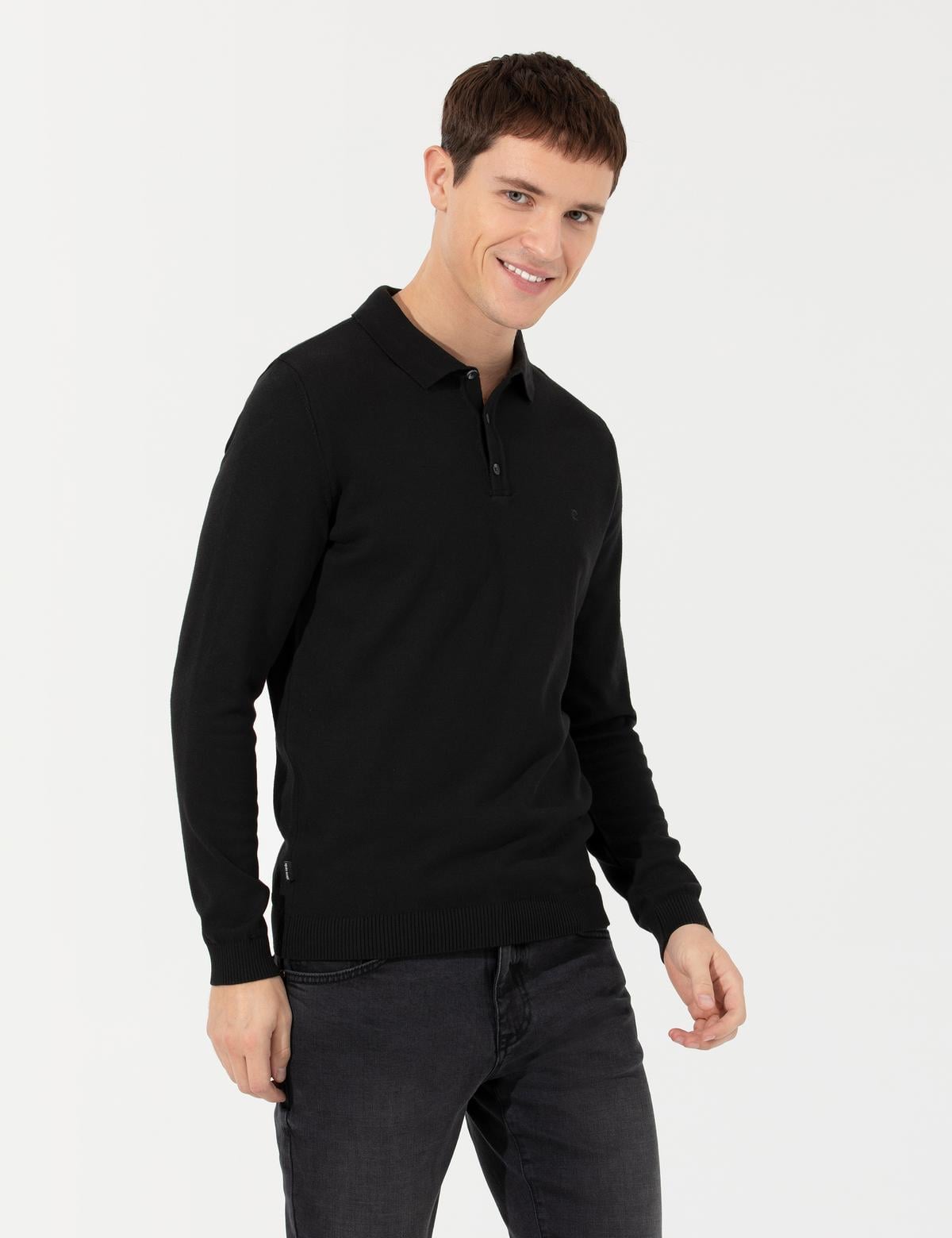 Siyah Slim Fit Polo Yaka Basic Triko Kazak - 50257252020