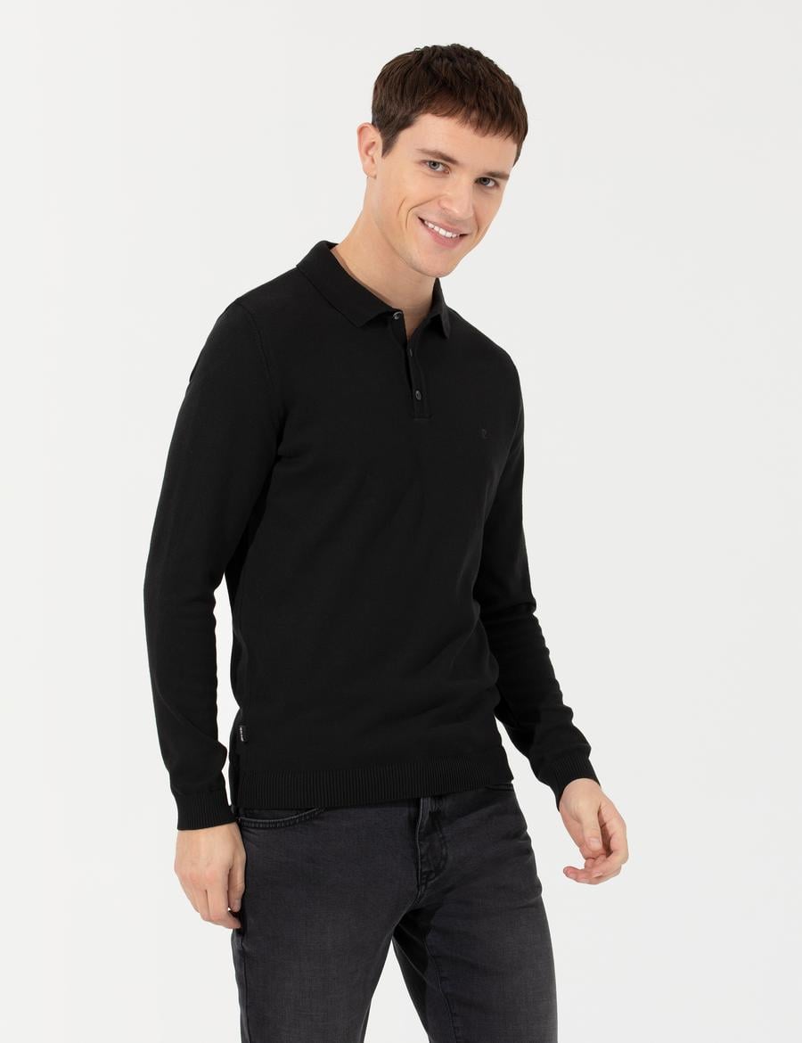 Siyah Slim Fit Polo Yaka Basic Triko Kazak