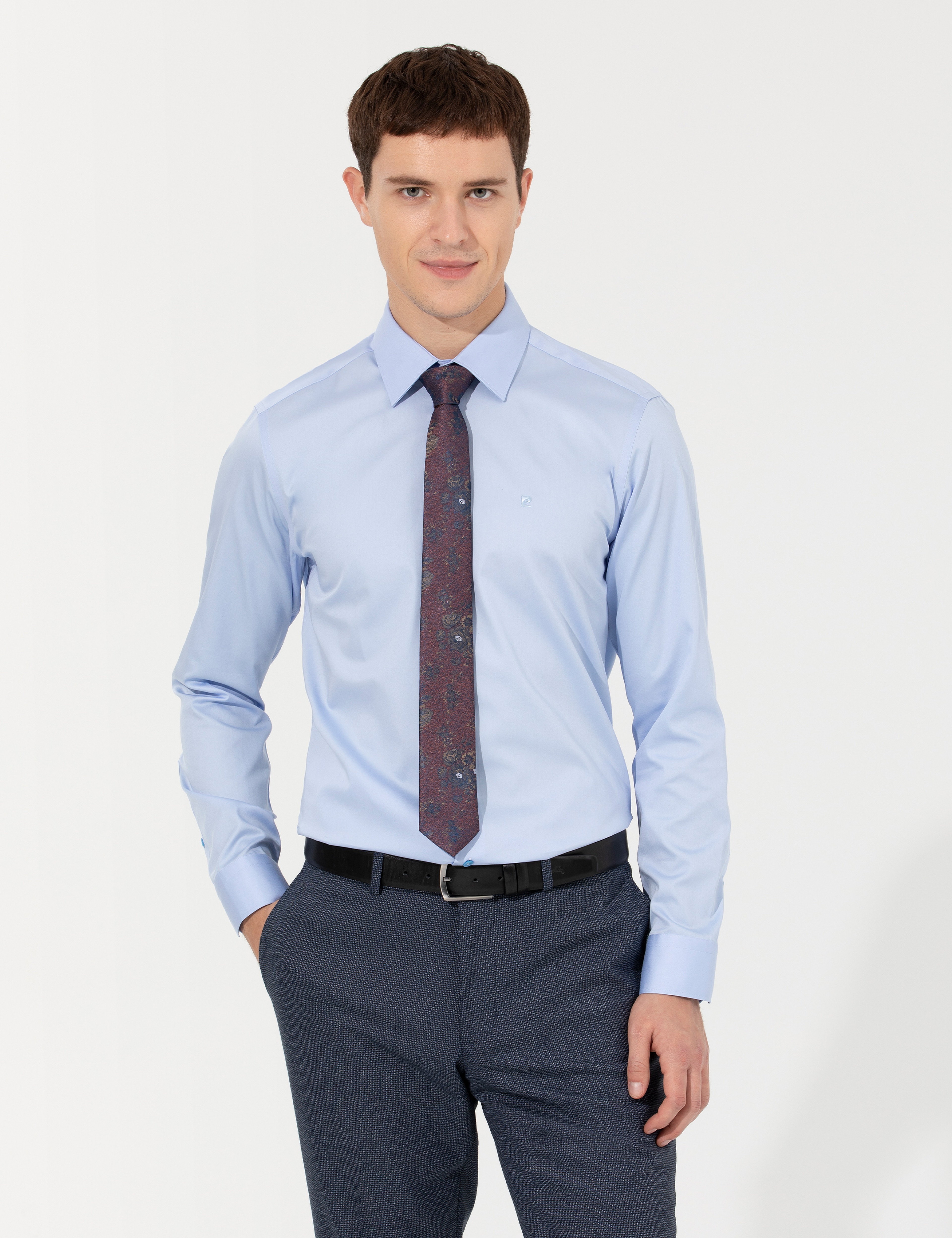 Koyu Mavi Slim Fit Uzun Kollu Klasik Gömlek - Image 3