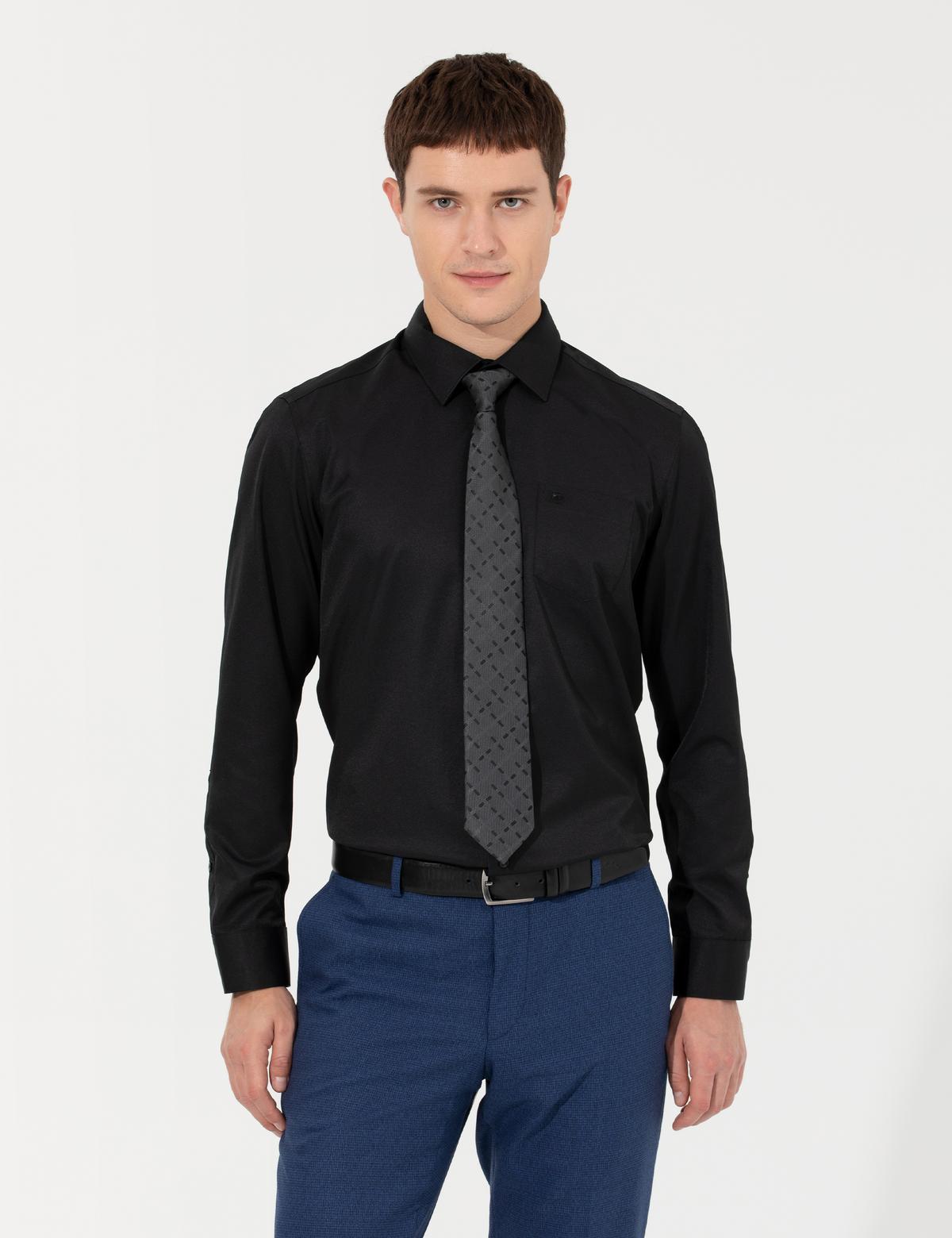 Siyah Regular Fit Uzun Kollu Basic Gömlek - 50251186015