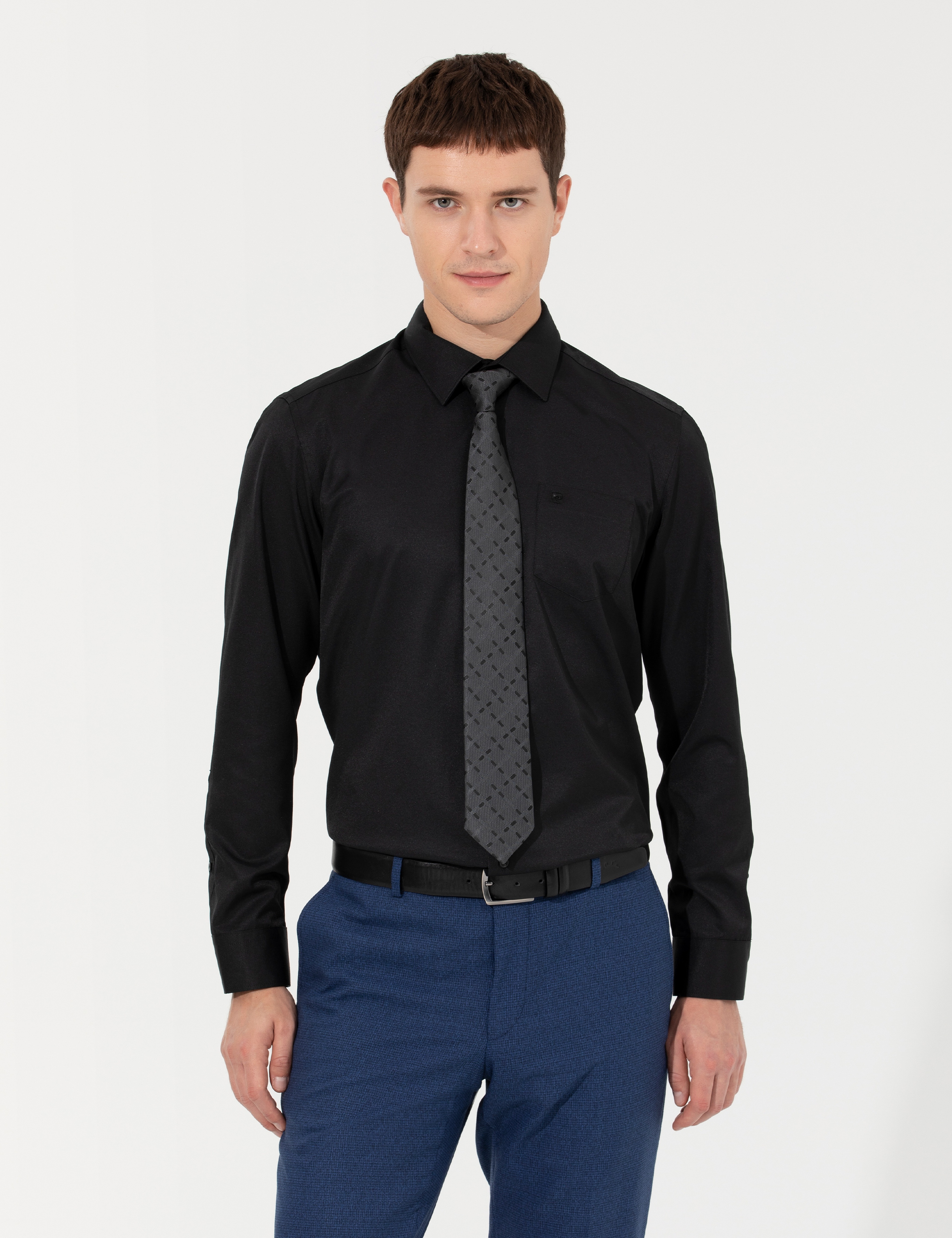 Siyah Regular Fit Uzun Kollu Basic Gömlek - Image 3