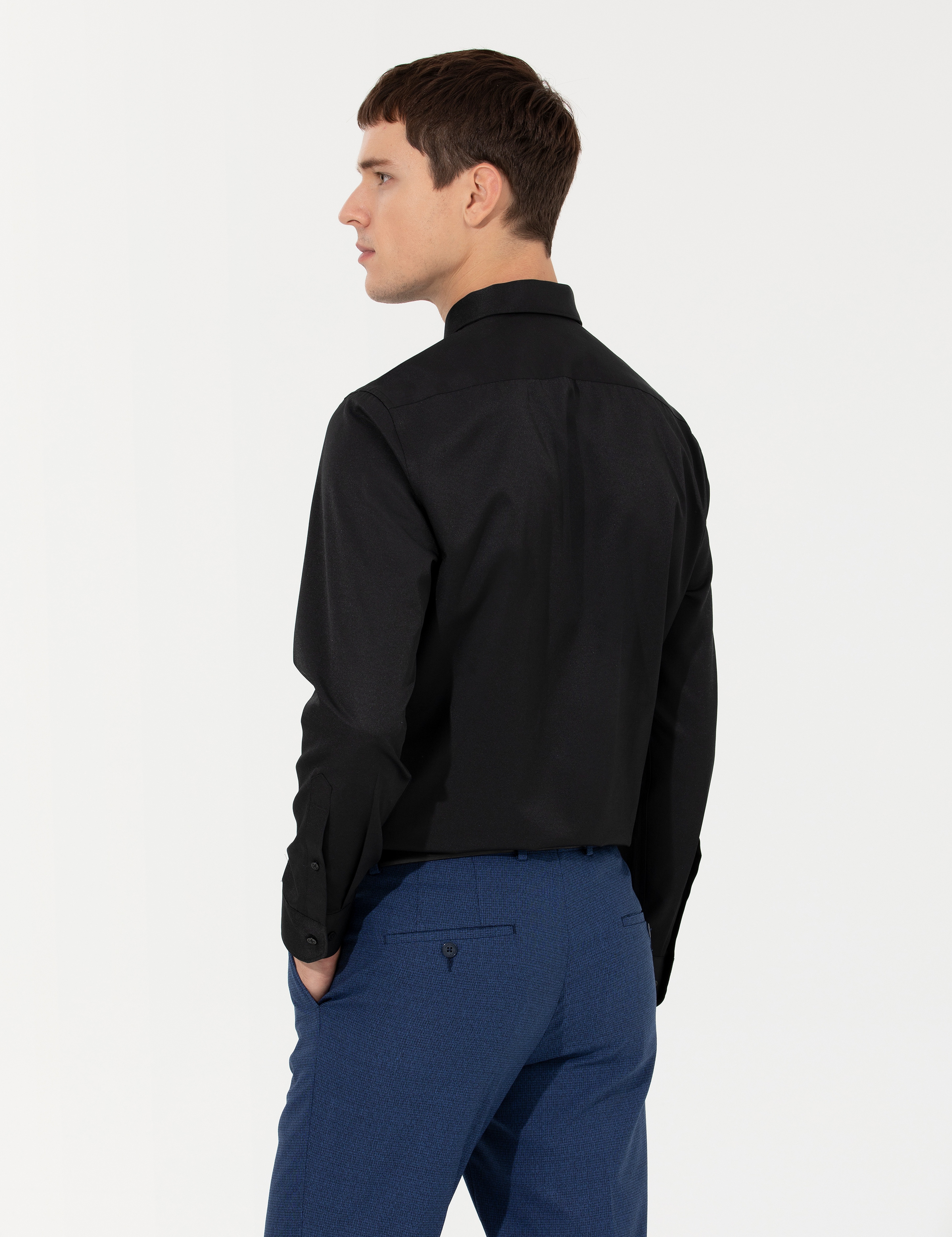 Siyah Regular Fit Uzun Kollu Basic Gömlek - Image 5