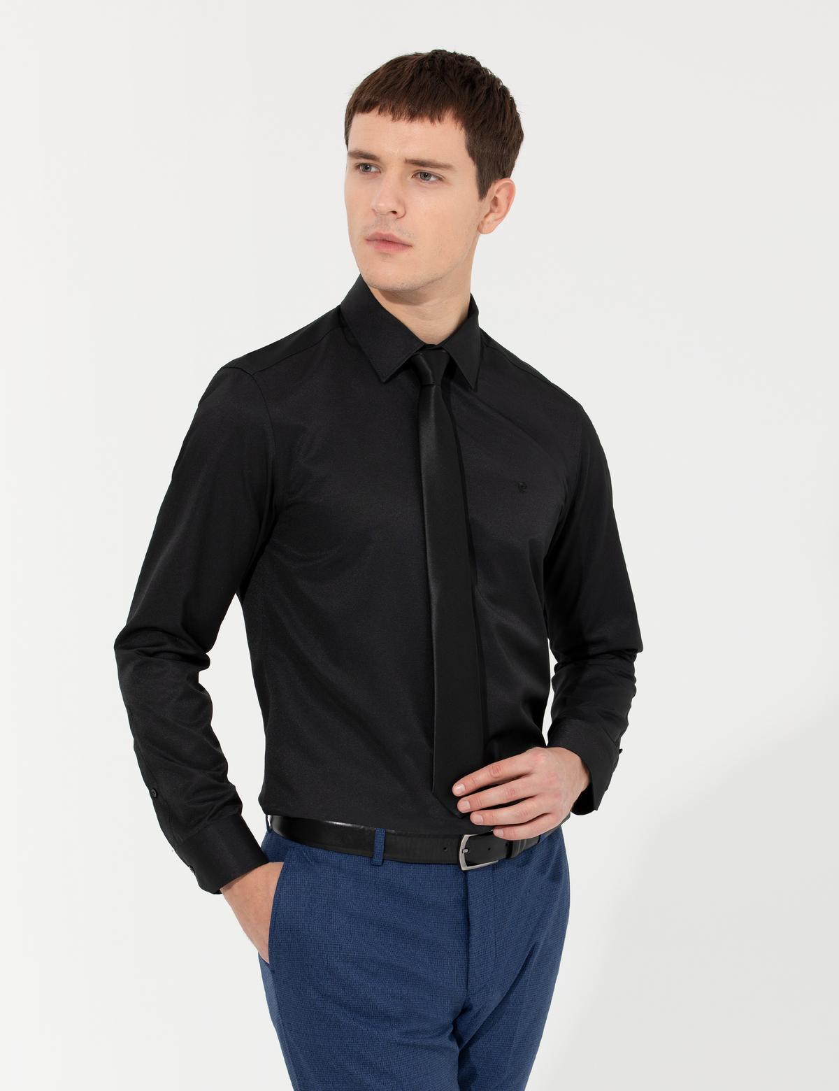 Siyah Slim Fit Uzun Kollu Basic Gömlek - 50251179025