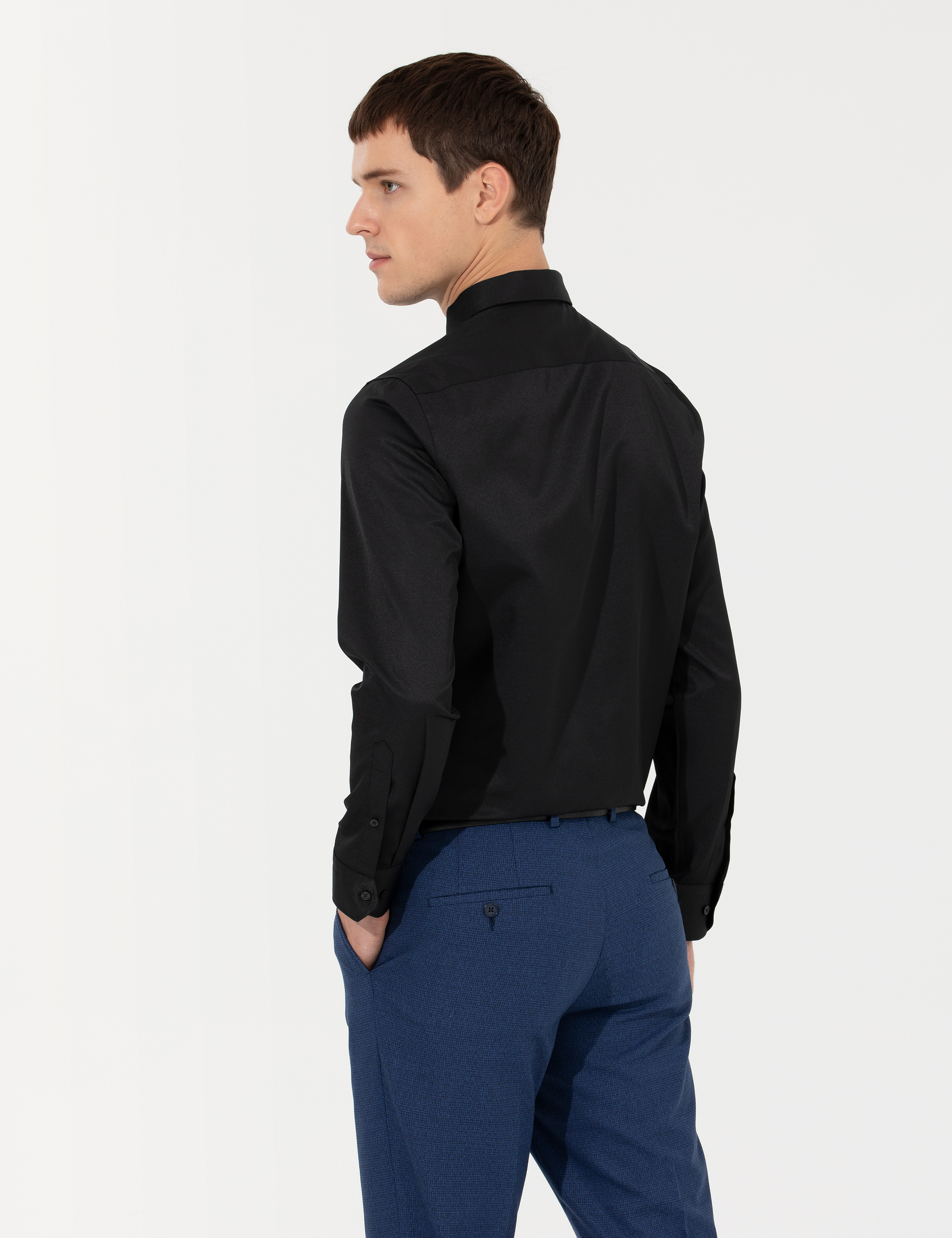 Siyah Slim Fit Uzun Kollu Basic Gömlek - Image 5