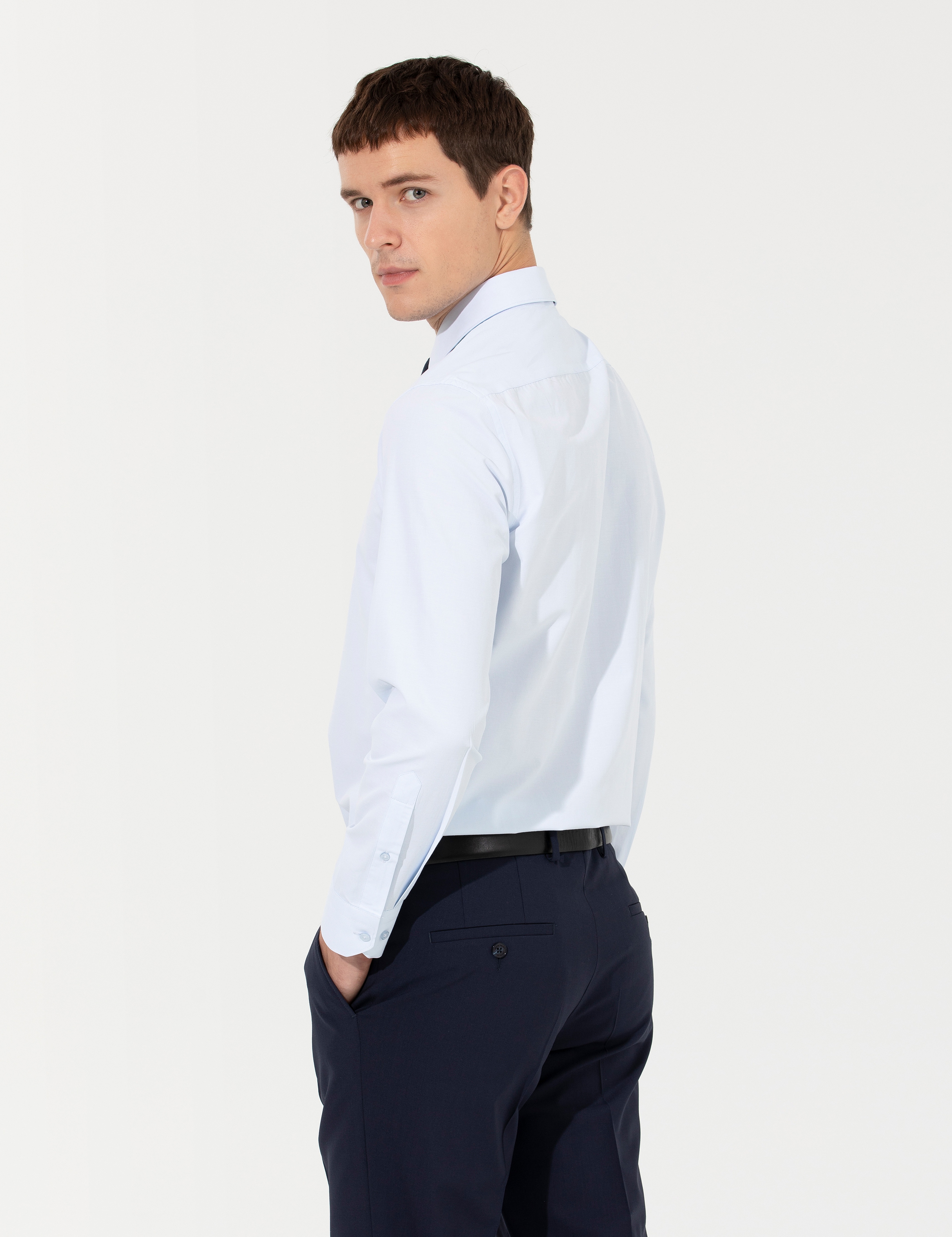 Açık Mavi Slim Fit Uzun Kollu Basic Gömlek - Image 5