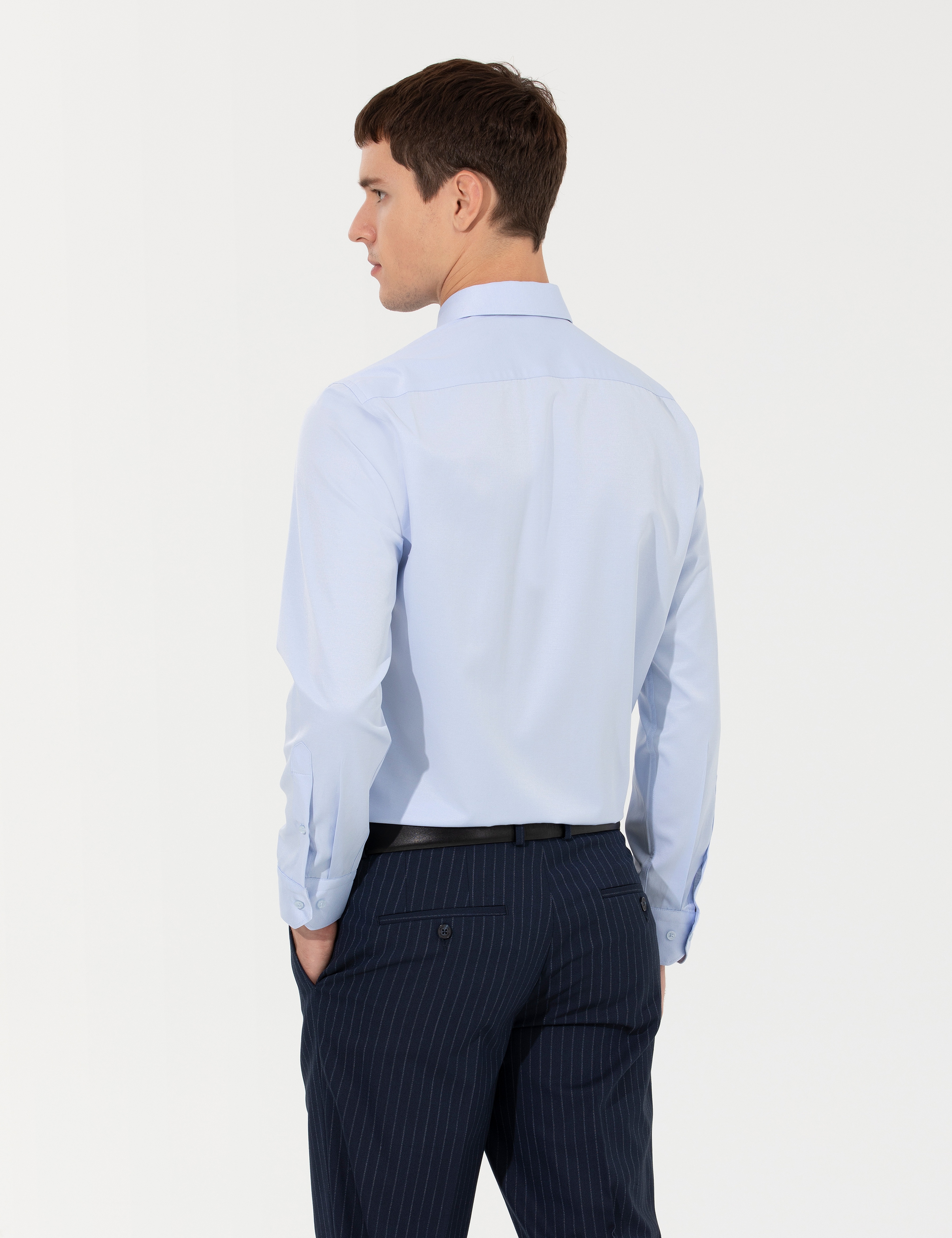 Açık Mavi Slim Fit Uzun Kollu Basic Gömlek - Image 5