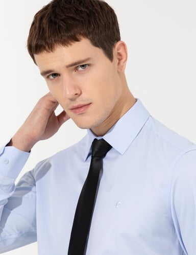 Açık Mavi Slim Fit Uzun Kollu Basic Gömlek