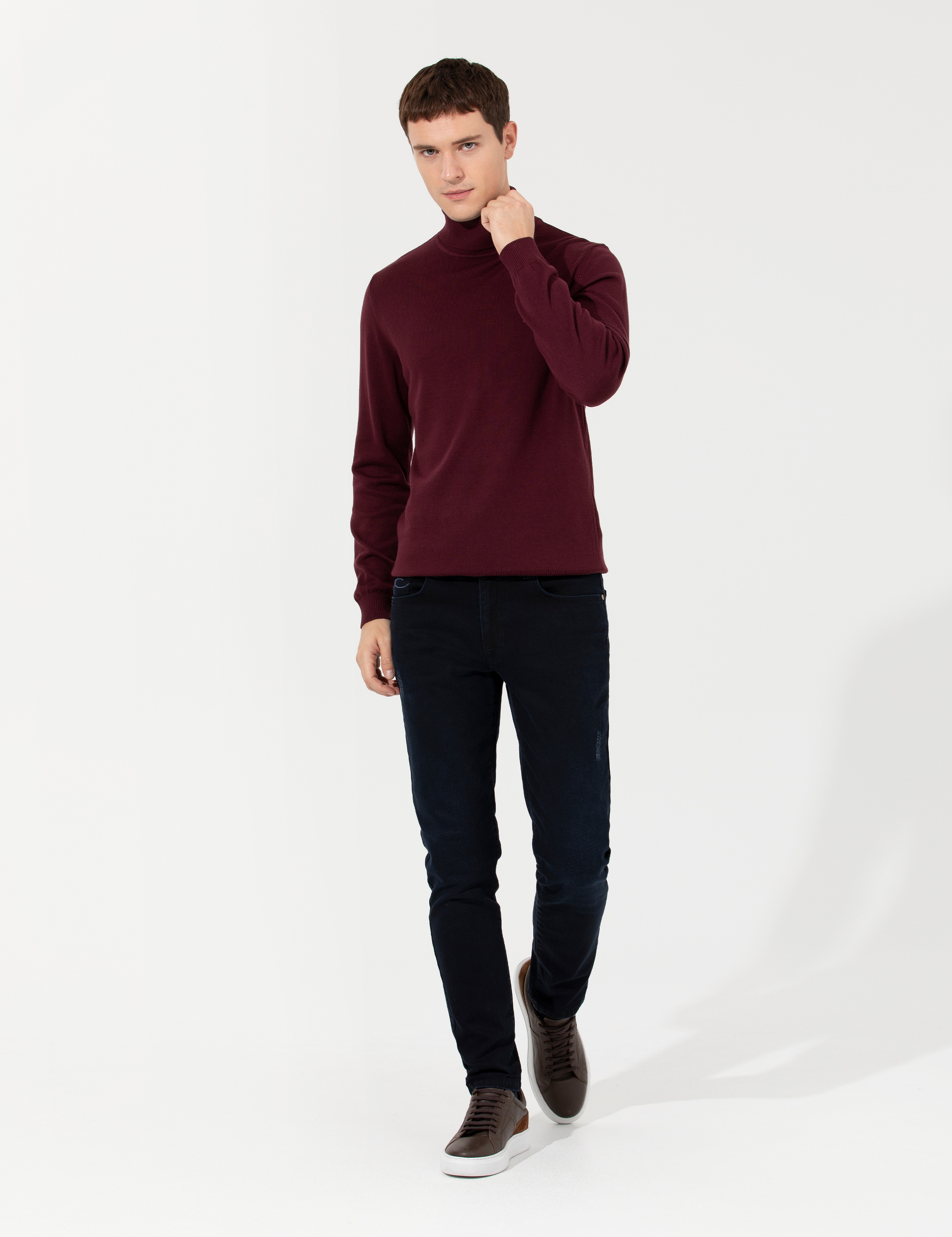 Bordo Slim Fit Balıkçı Yaka Basic Triko Kazak - Image 4