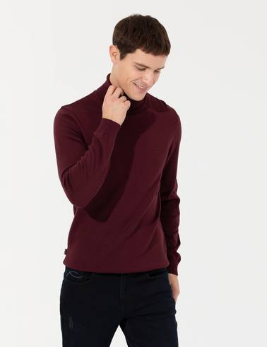 Bordo Slim Fit Balıkçı Yaka Basic Triko Kazak