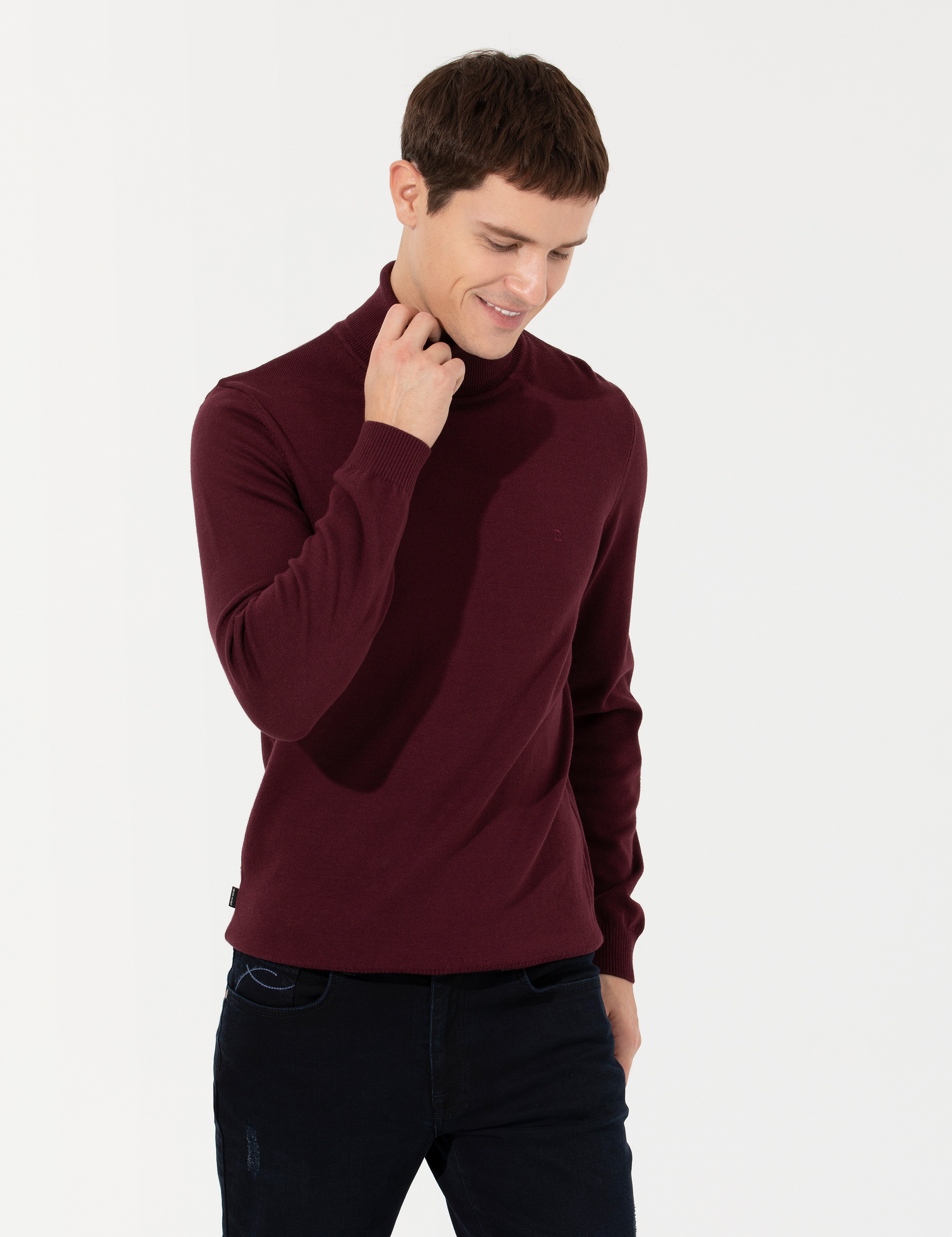 Bordo Slim Fit Balıkçı Yaka Basic Triko Kazak - Image 2
