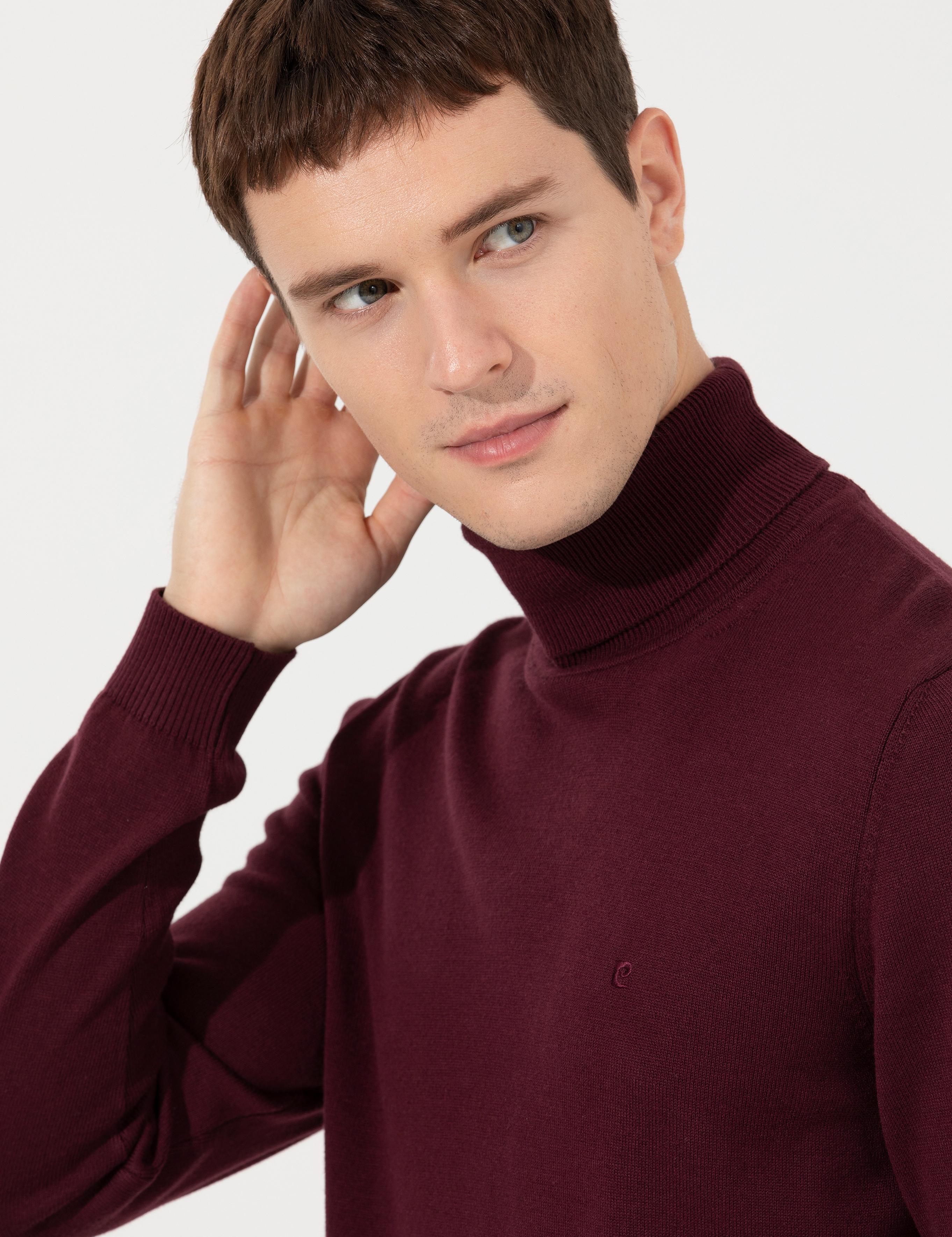 Bordo Slim Fit Balıkçı Yaka Basic Triko Kazak