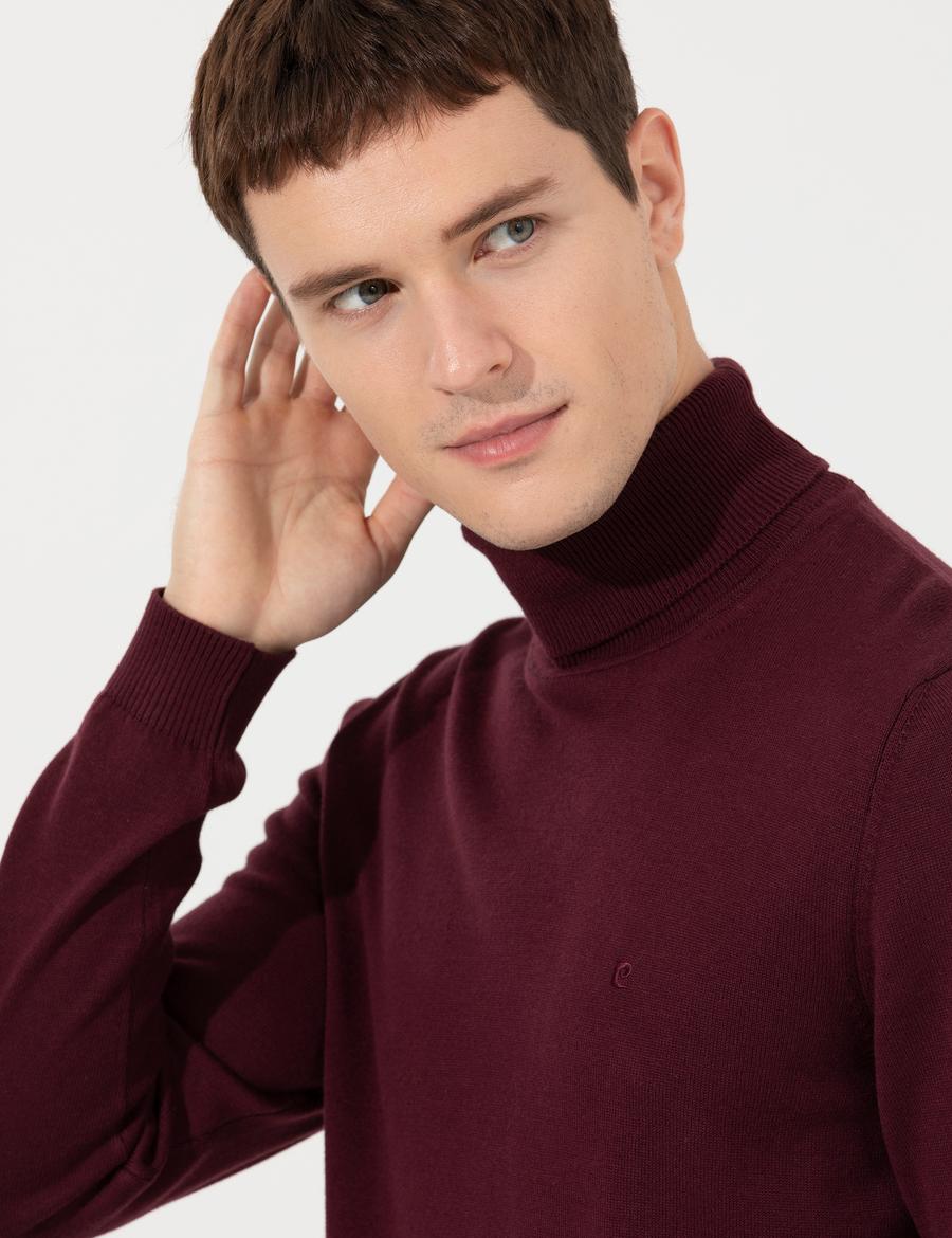 Bordo Slim Fit Balıkçı Yaka Basic Triko Kazak