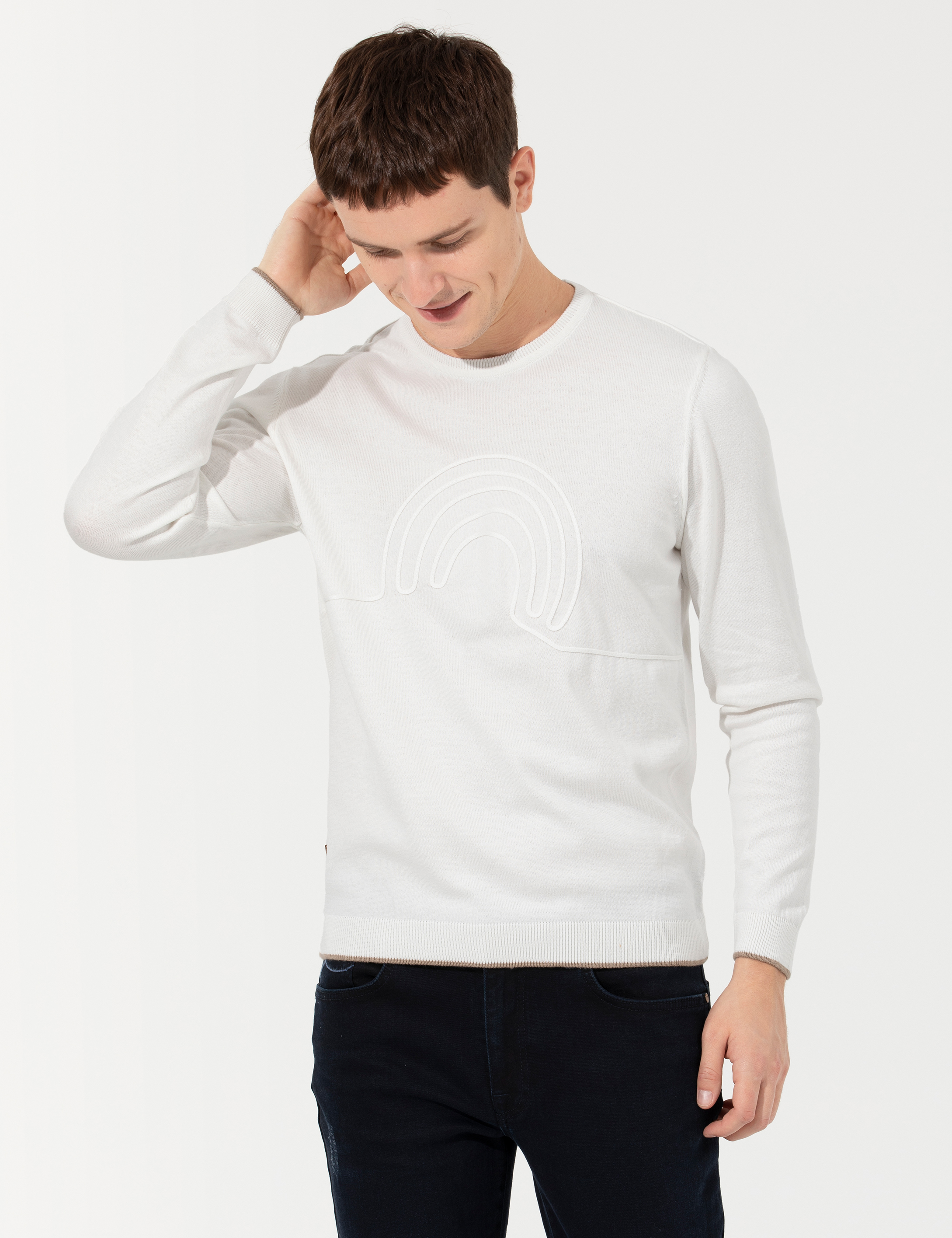 Ekru Regular Fit Bisiklet Yaka Triko Kazak - Image 2