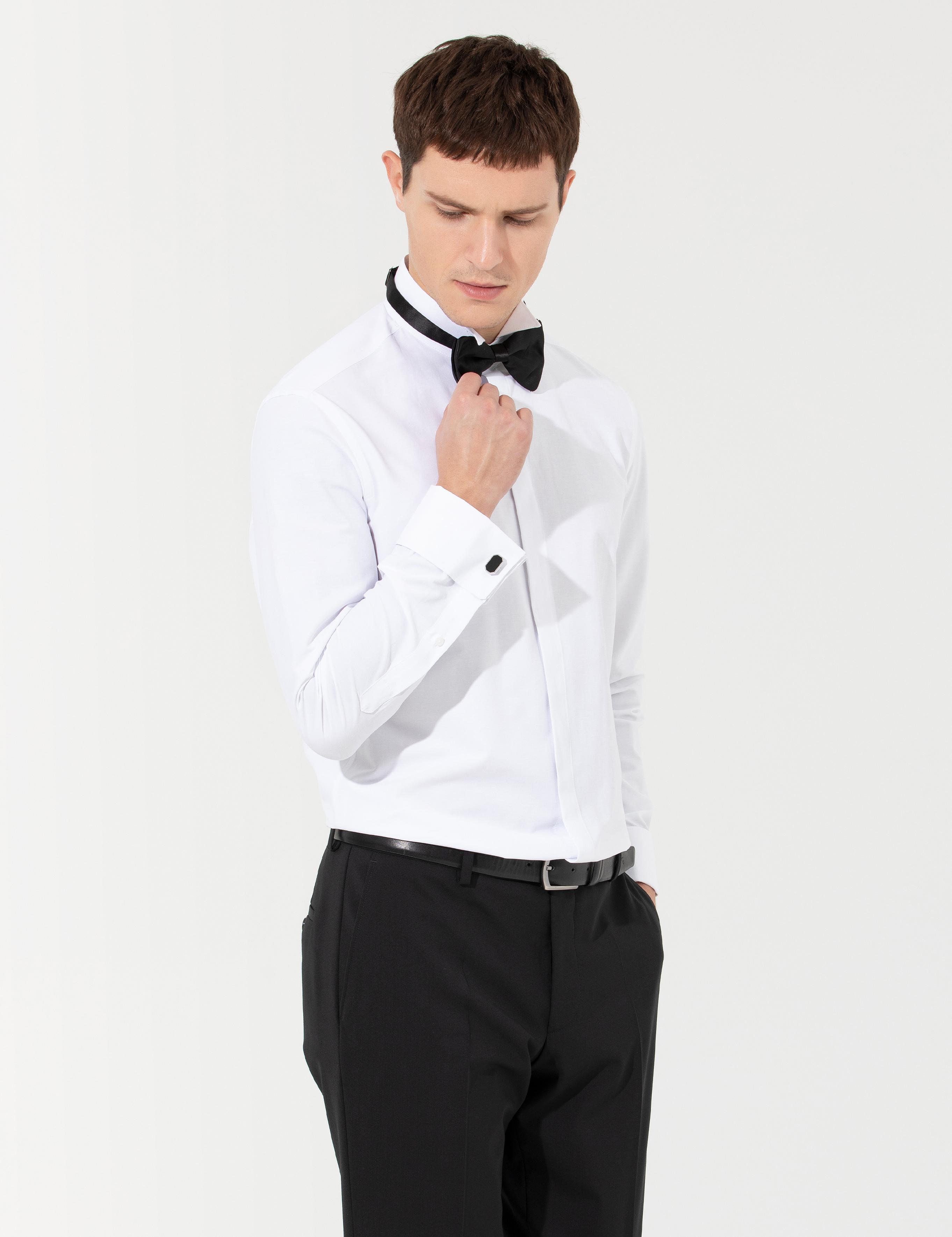 Beyaz Slim Fit Smokin Gömlek