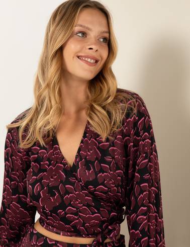 Siyah Desenli Crop Top Bluz