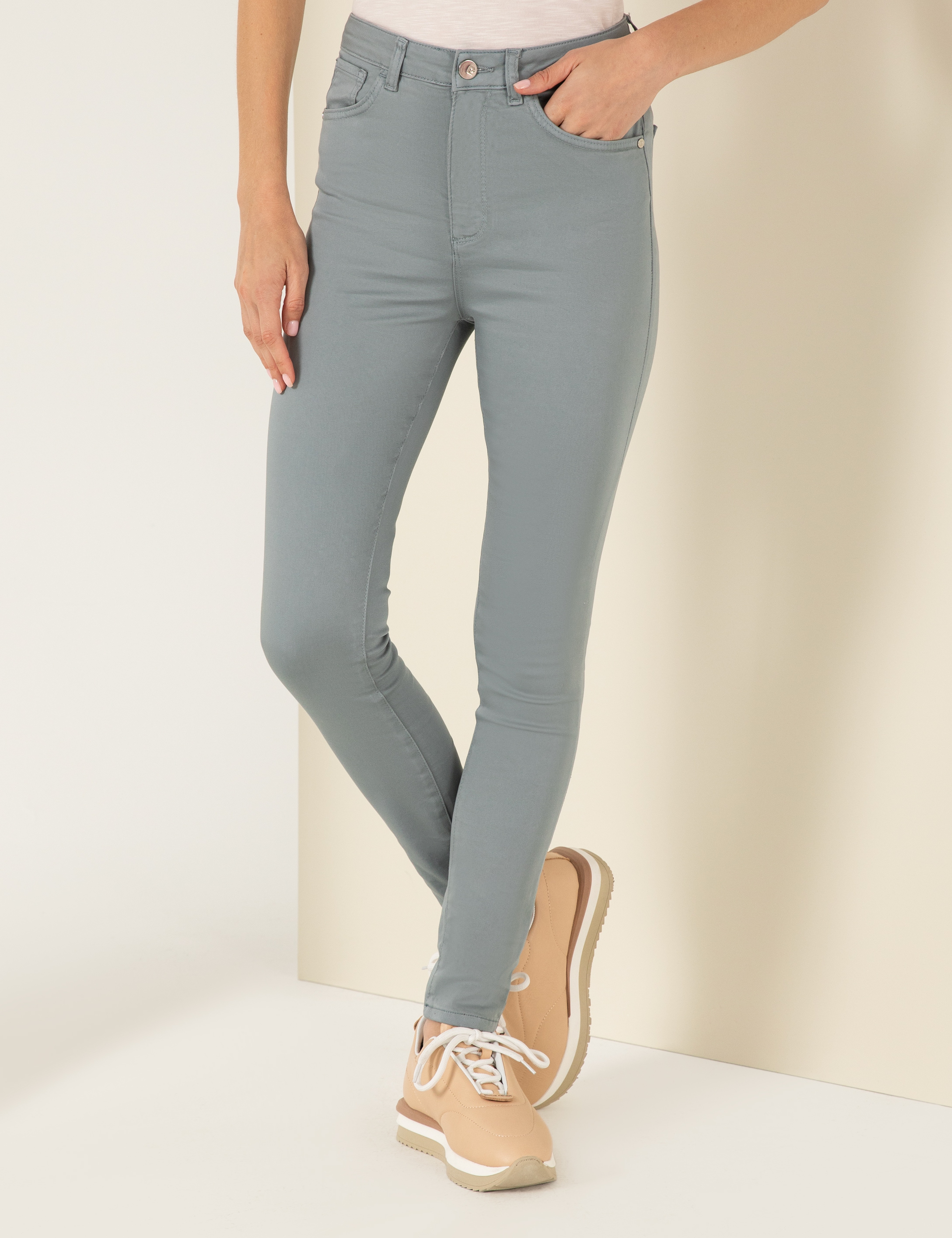 Mint Skinny Fit Kanvas Pantolon - Image 2