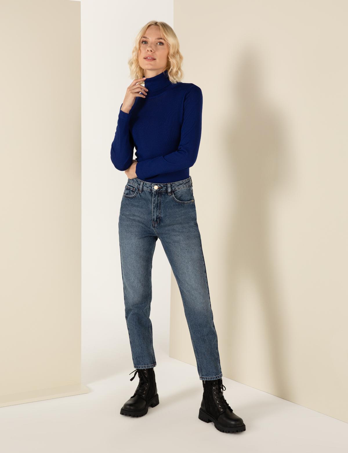 Balıkçı Yaka Saks Comfort Fit Kazak - 50244874013