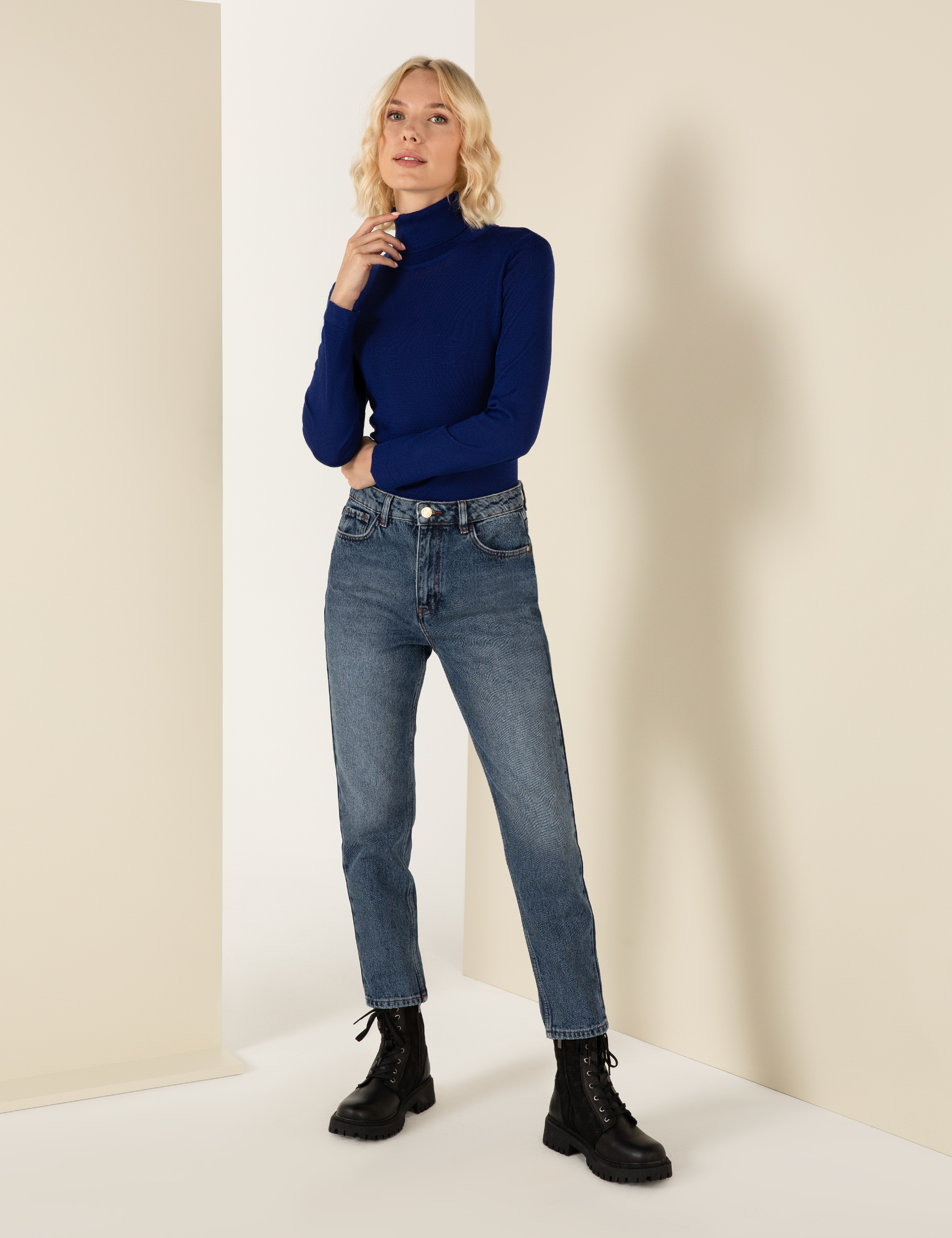 Balıkçı Yaka Saks Comfort Fit Kazak - Image 4