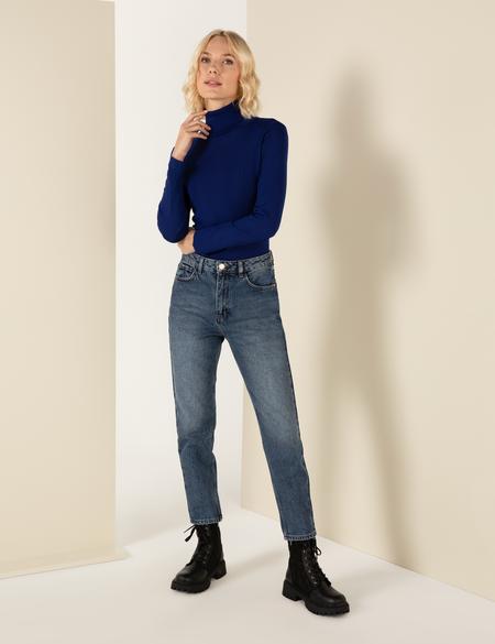 Balıkçı Yaka Saks Comfort Fit Kazak - 50244874013