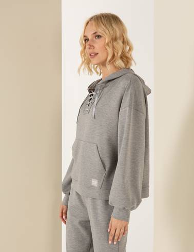 Gri Melanj Oversize Kapüşonlu Sweatshirt