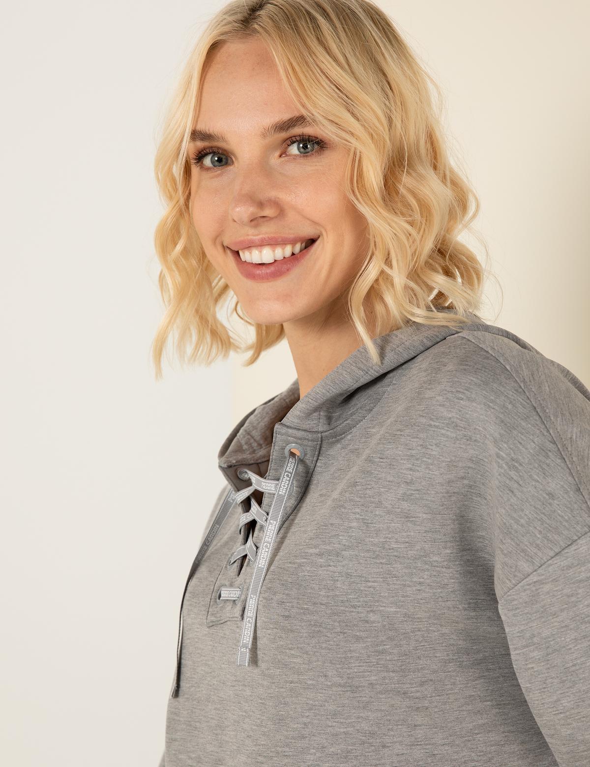 Gri Melanj Oversize Kapüşonlu Sweatshirt - 50253518029