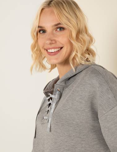 Gri Melanj Oversize Kapüşonlu Sweatshirt
