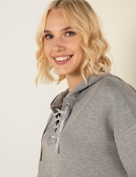 Gri Melanj Oversize Kapüşonlu Sweatshirt - 50253518029