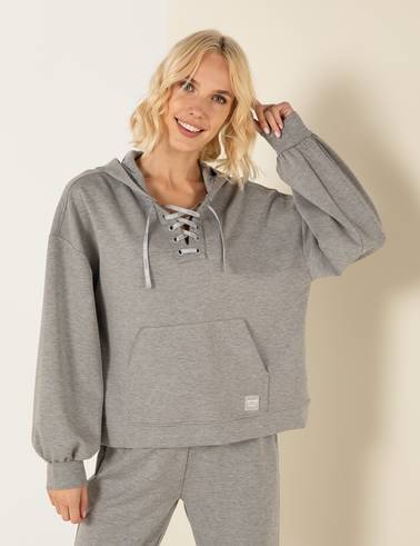 Gri Melanj Oversize Kapüşonlu Sweatshirt