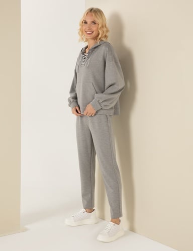 Gri Melanj Oversize Kapüşonlu Sweatshirt
