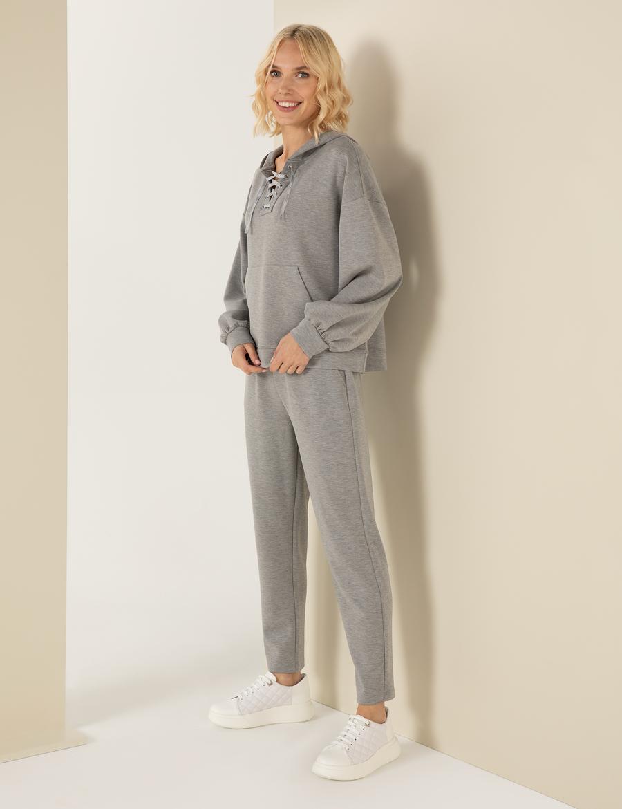 Gri Melanj Oversize Kapüşonlu Sweatshirt