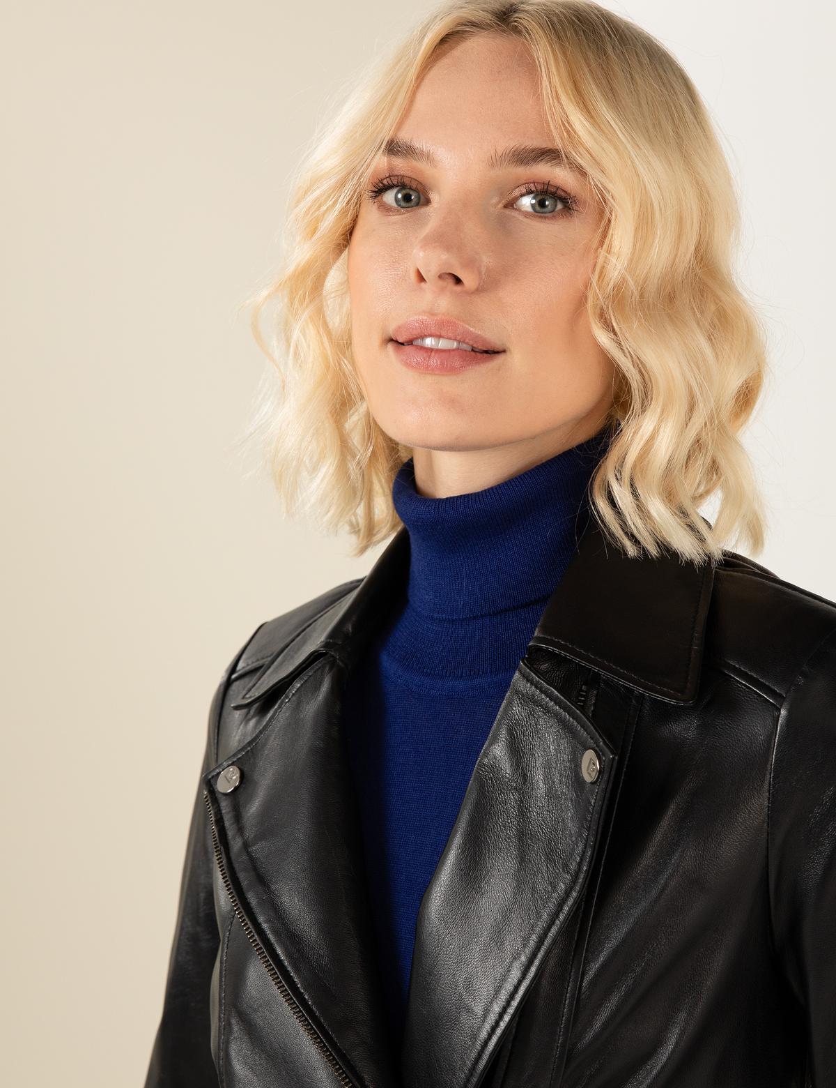 Siyah Cropped Slim Deri Ceket - 50260628001