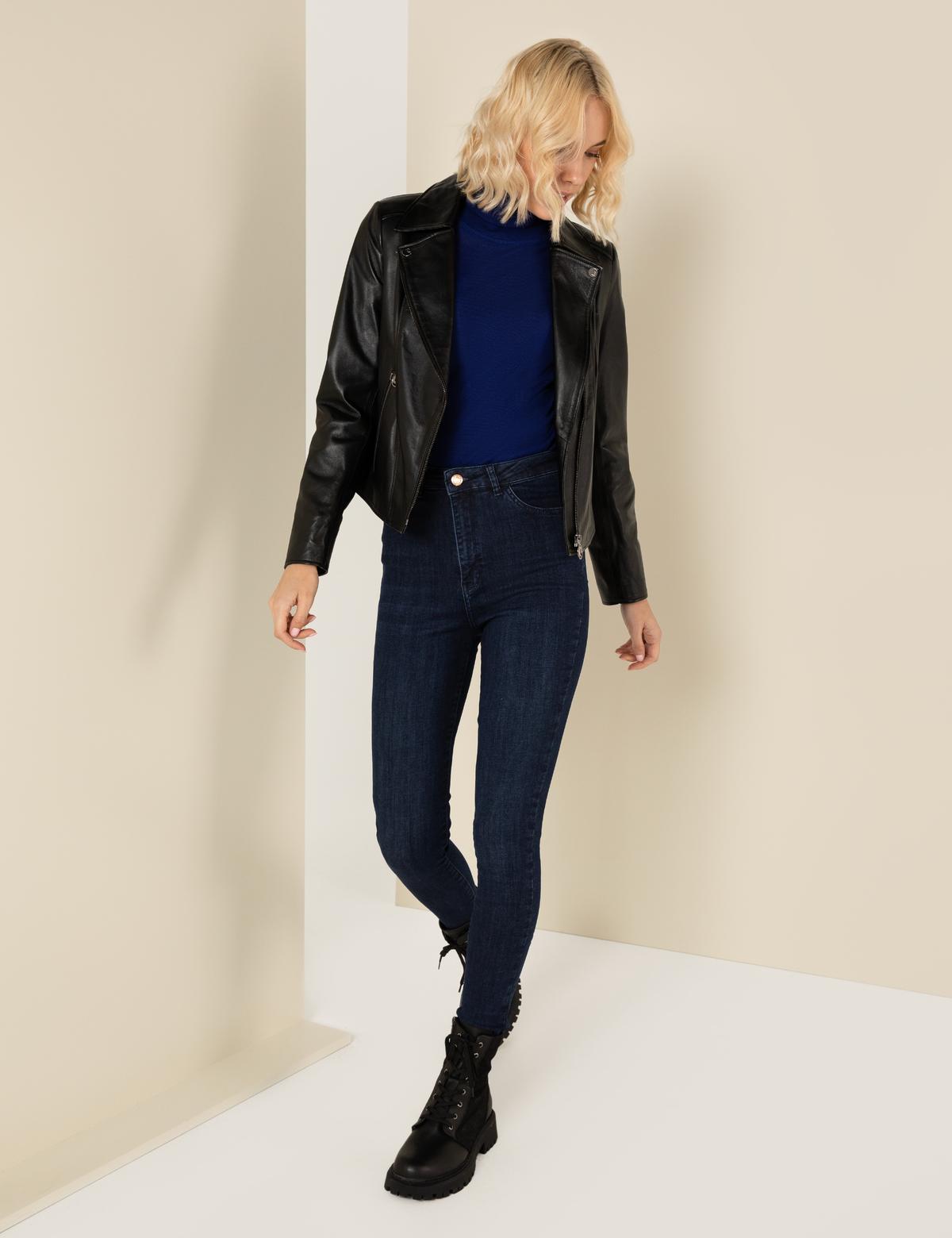 Siyah Cropped Slim Deri Ceket - 50260628001