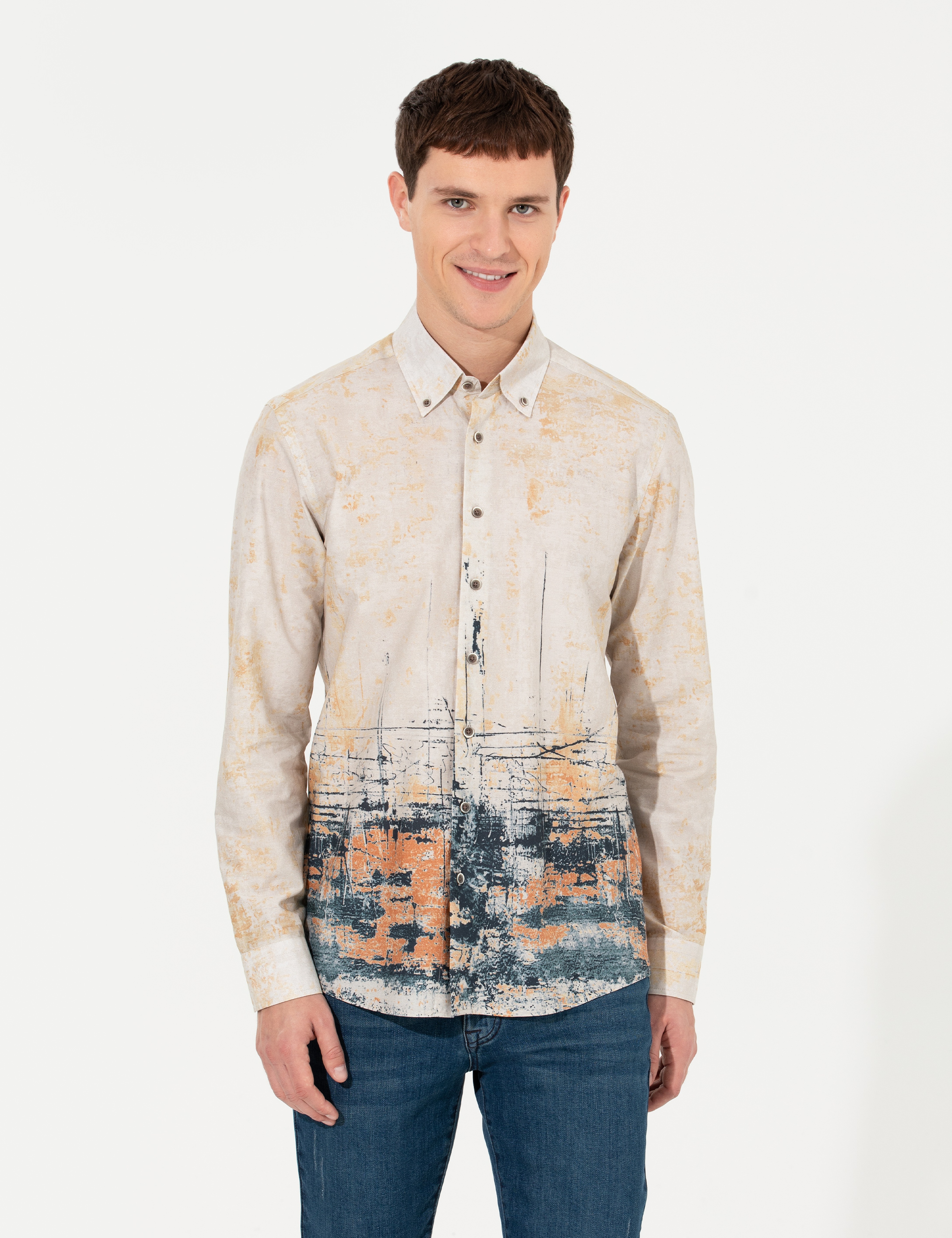 Bej Slim Fit Uzun Kollu Gömlek - Image 3