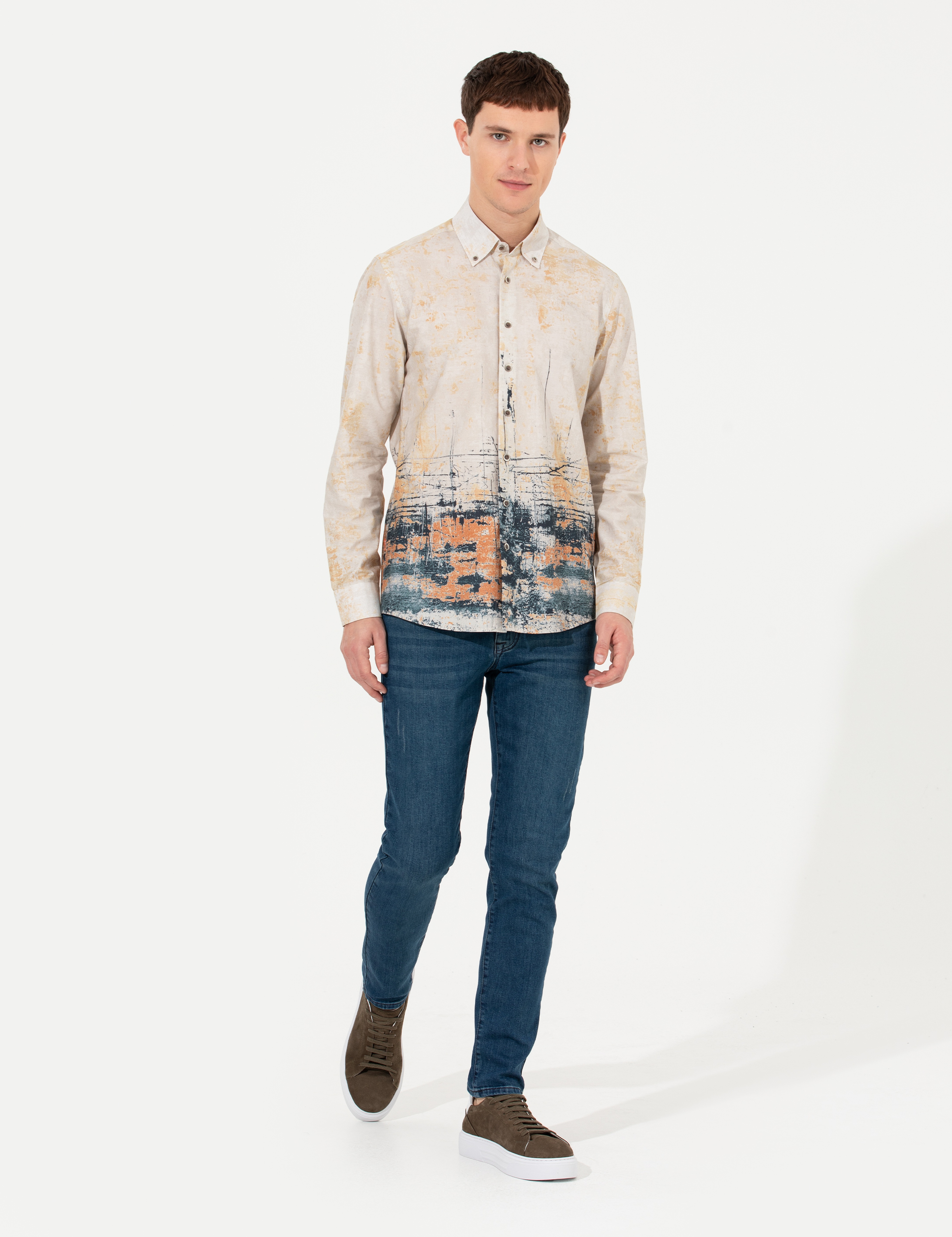 Bej Slim Fit Uzun Kollu Gömlek - Image 4