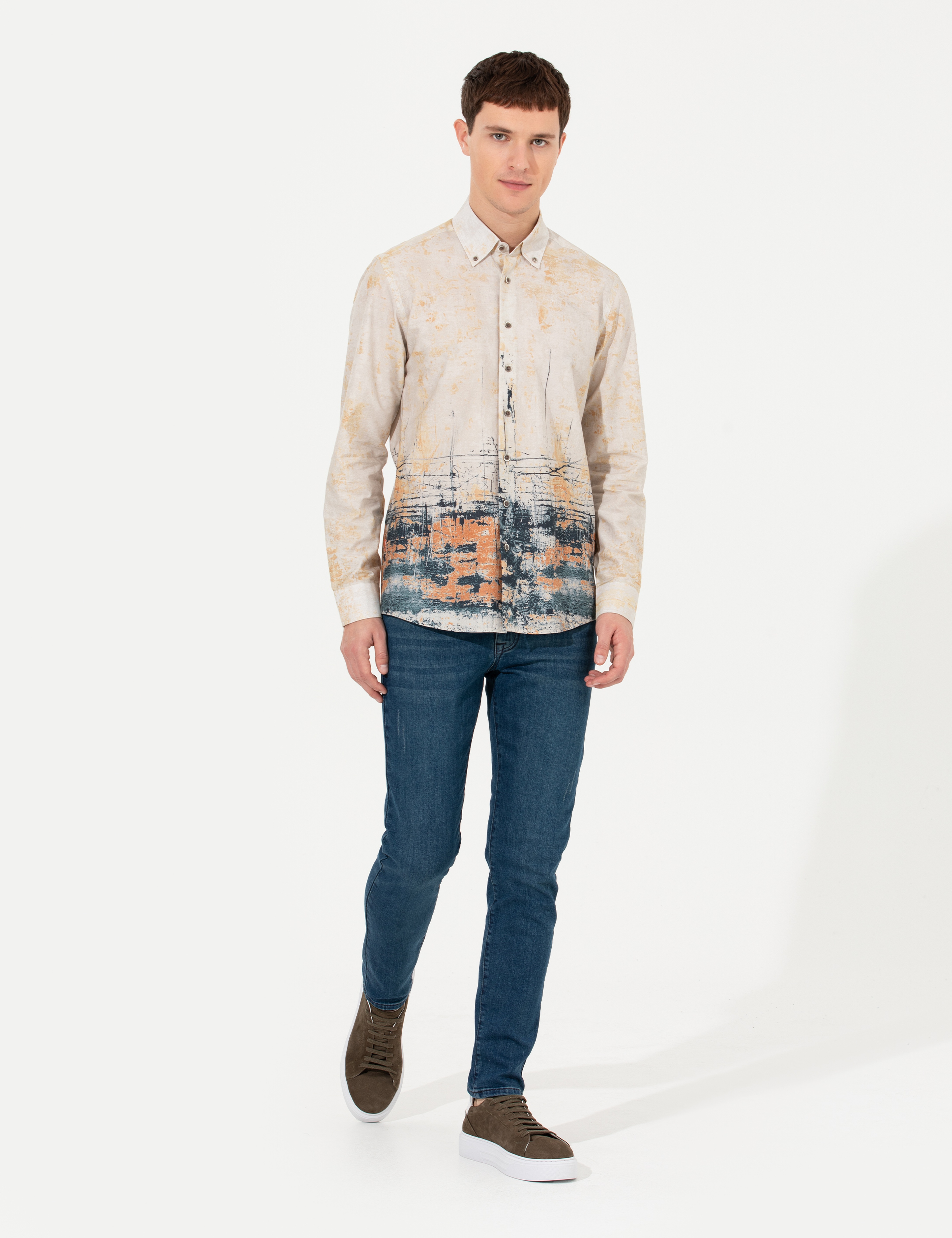 Bej Slim Fit Uzun Kollu Gömlek