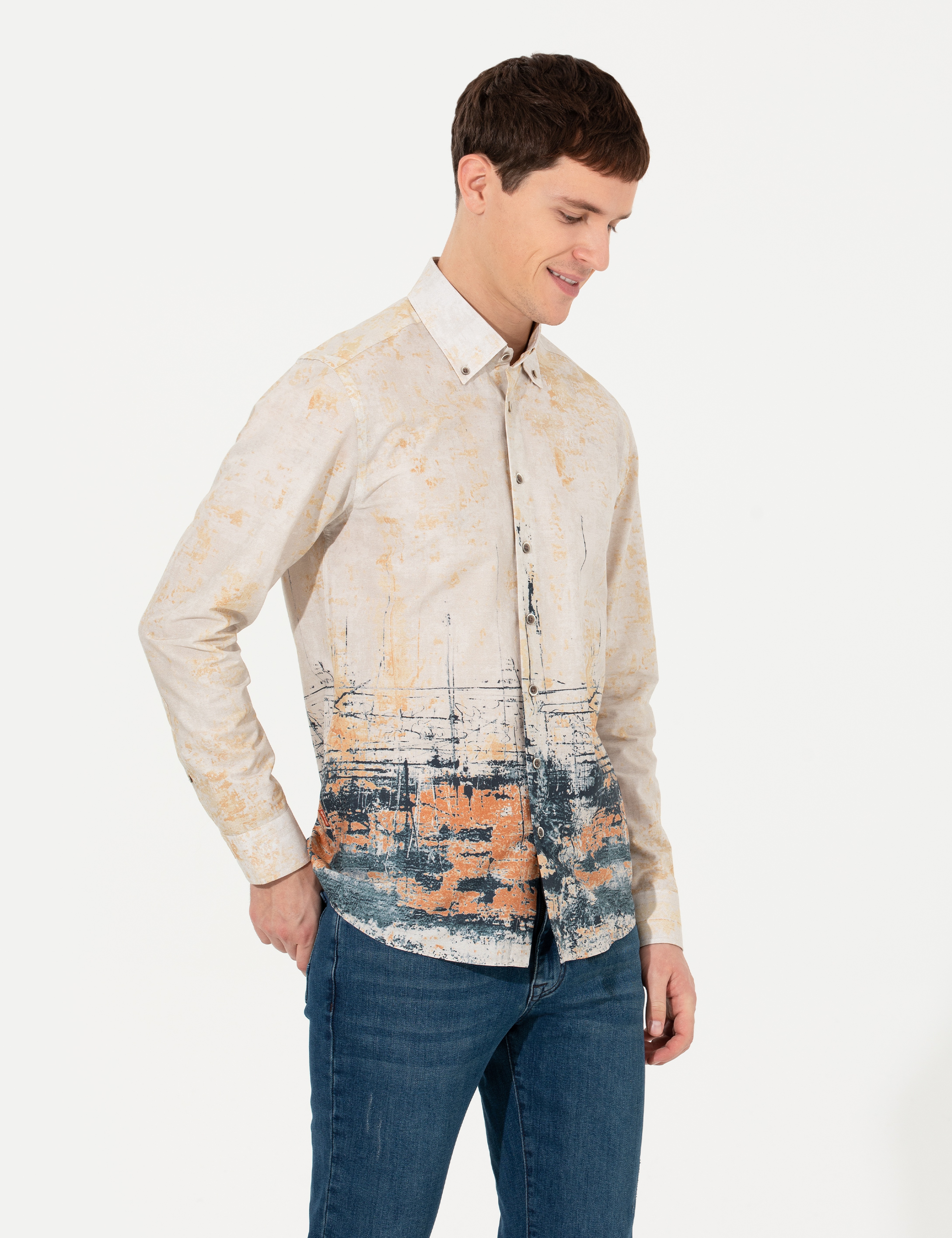 Bej Slim Fit Uzun Kollu Gömlek - Image 1