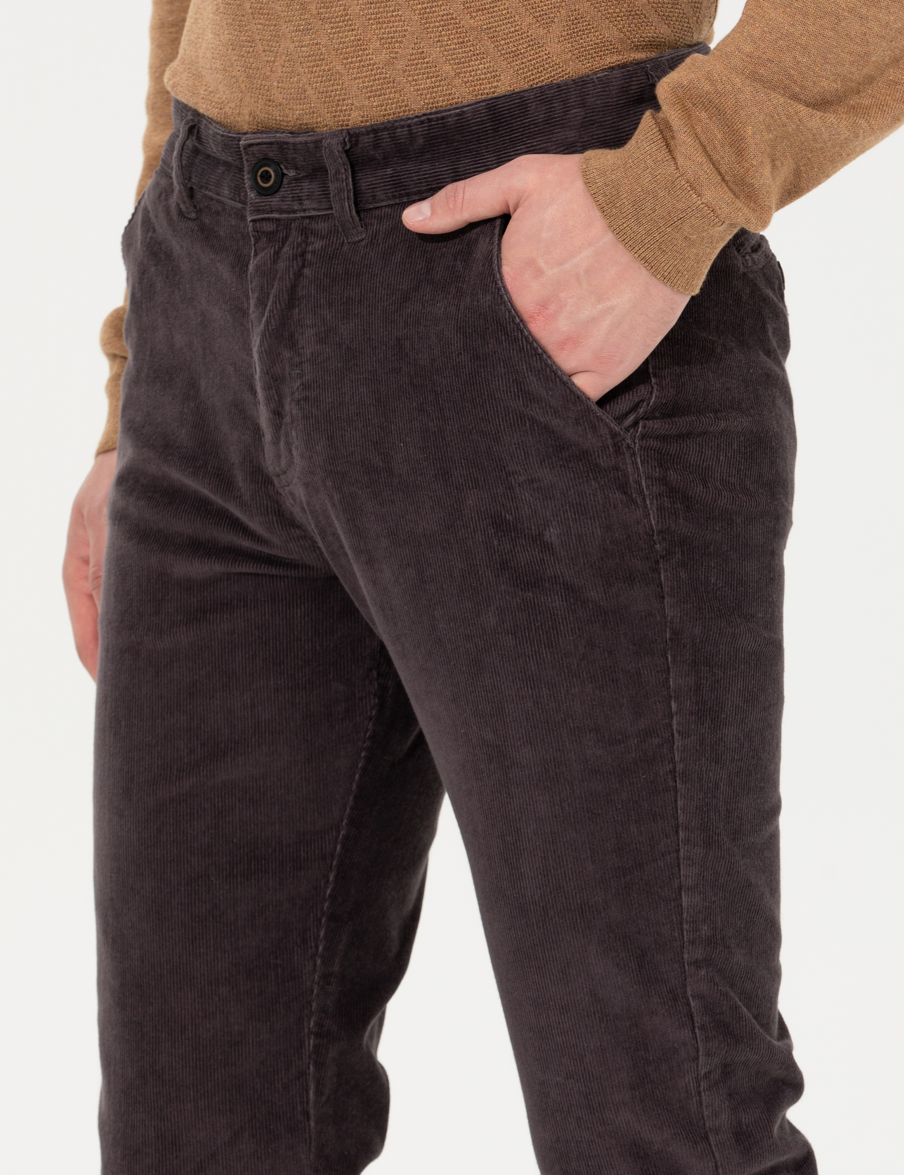 Koyu Gri Slim Fit Kadife Kanvas Pantolon