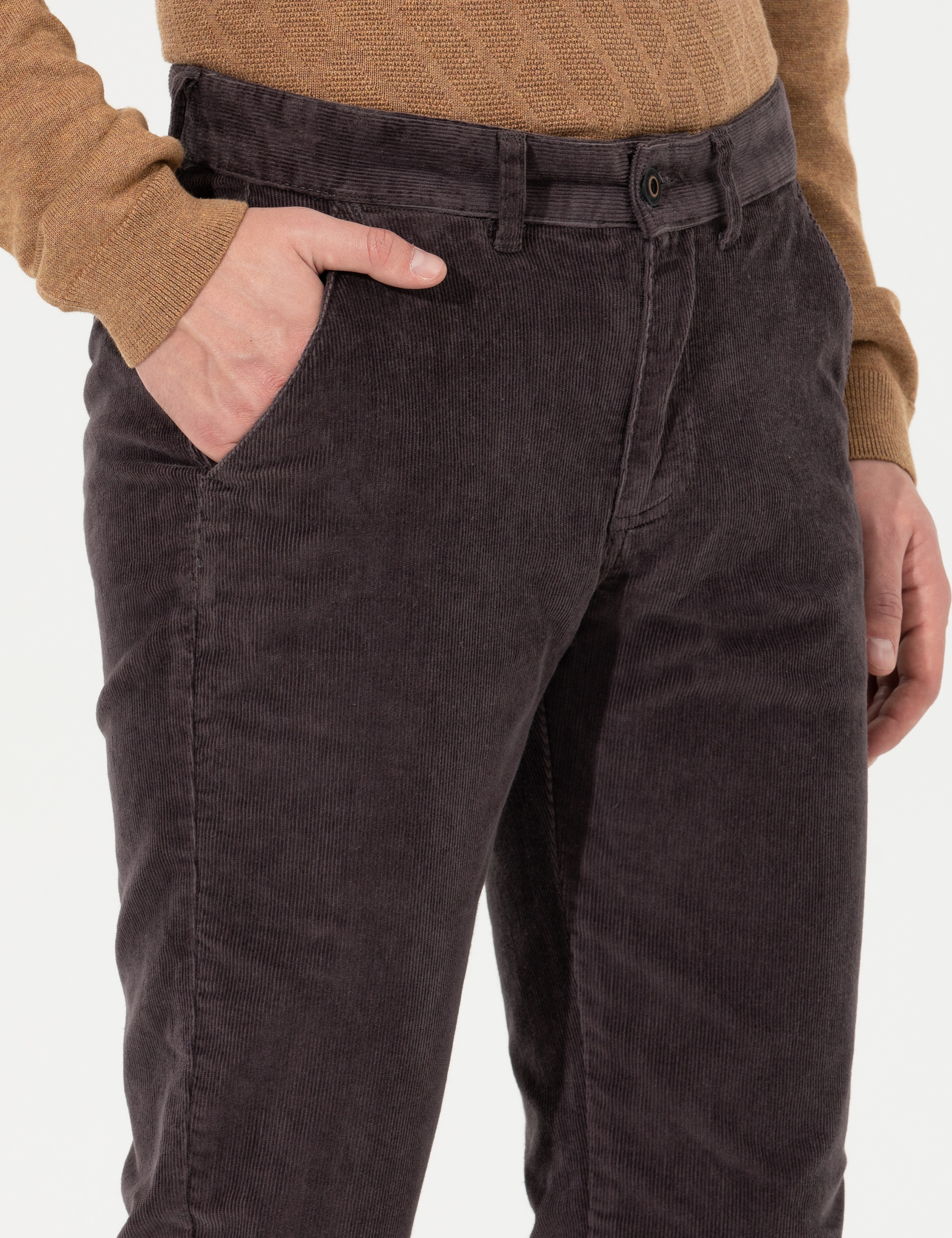 Koyu Gri Slim Fit Kadife Kanvas Pantolon - Image 6