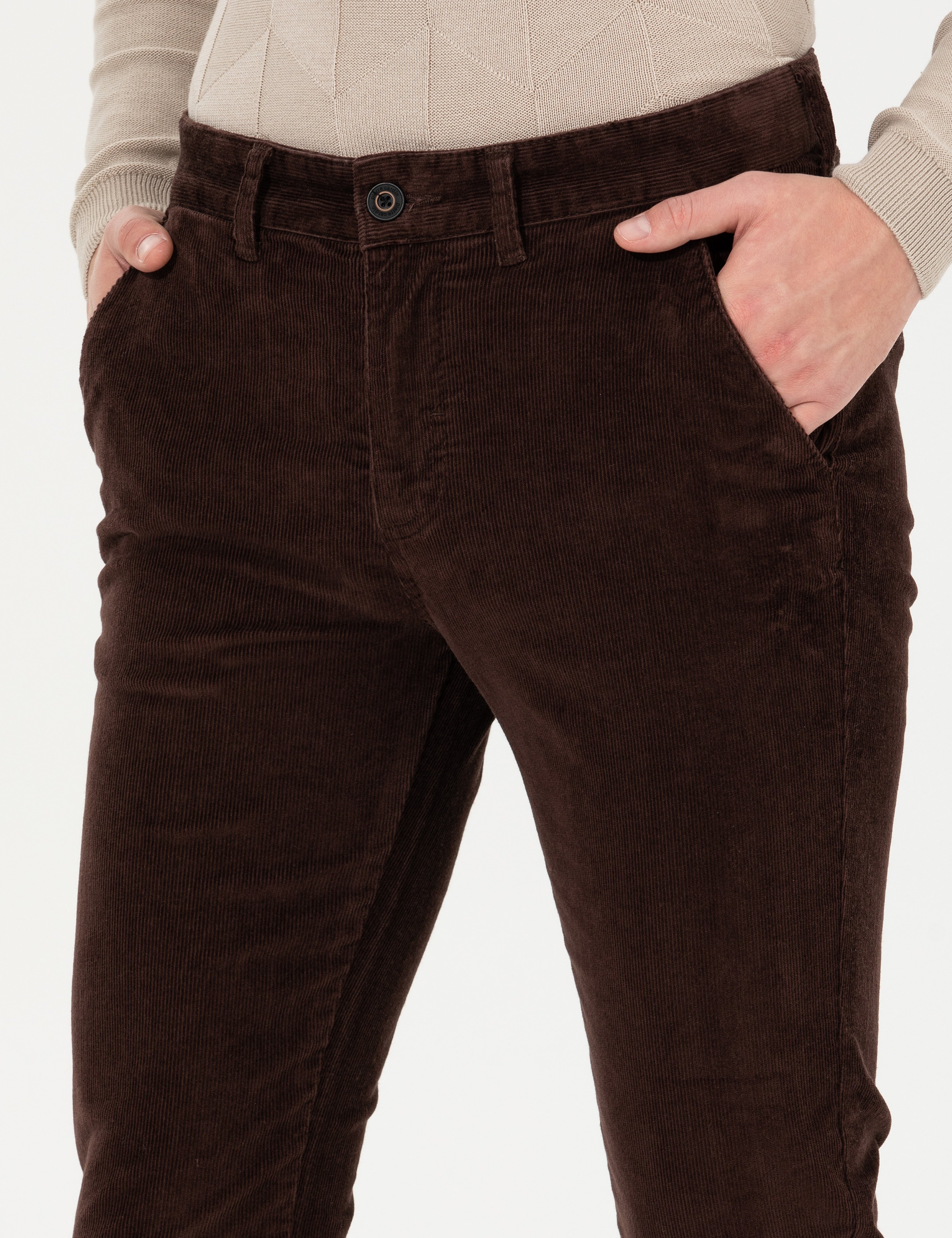 Koyu Kahverengi Slim Fit Kadife Kanvas Pantolon