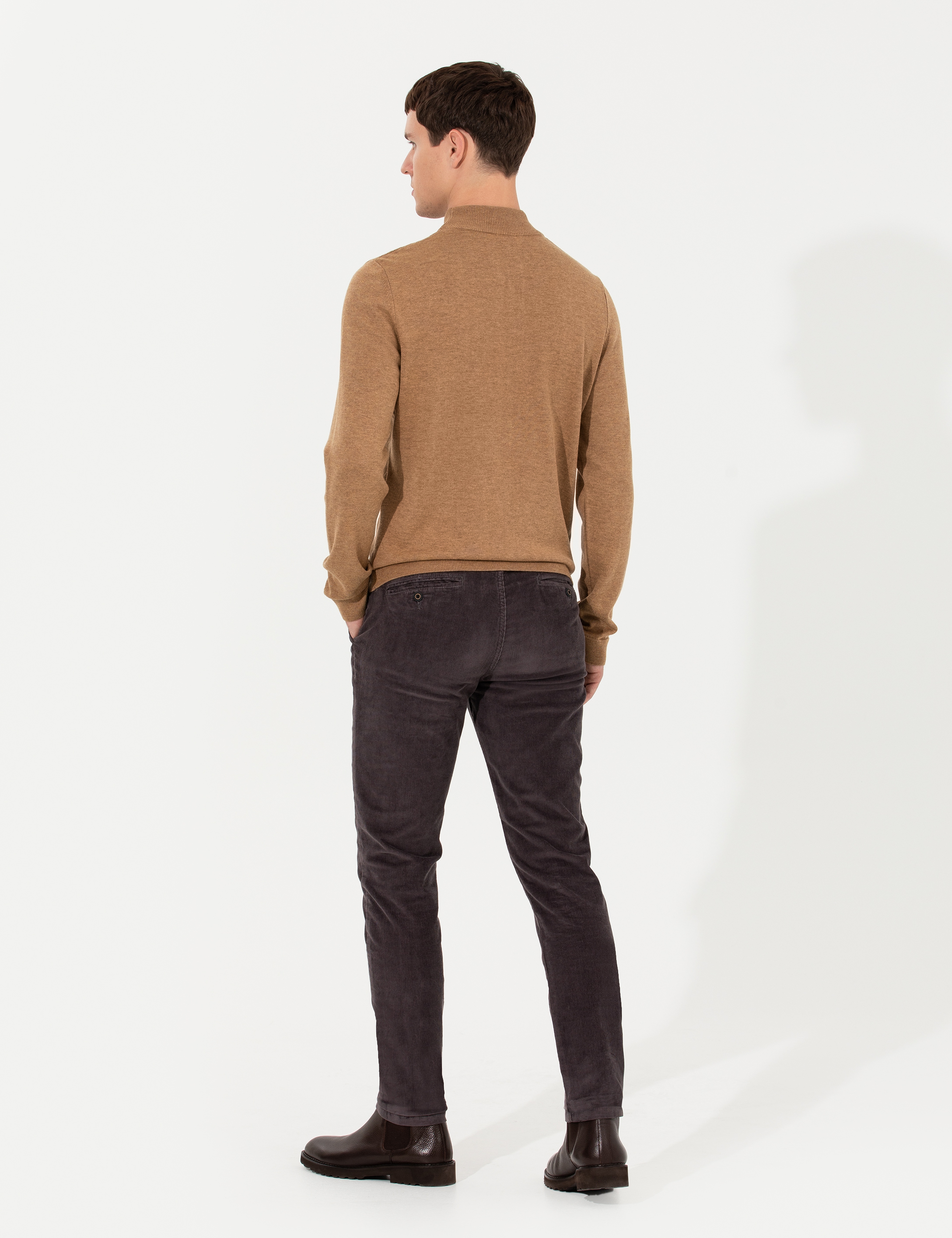 Koyu Gri Slim Fit Kadife Kanvas Pantolon